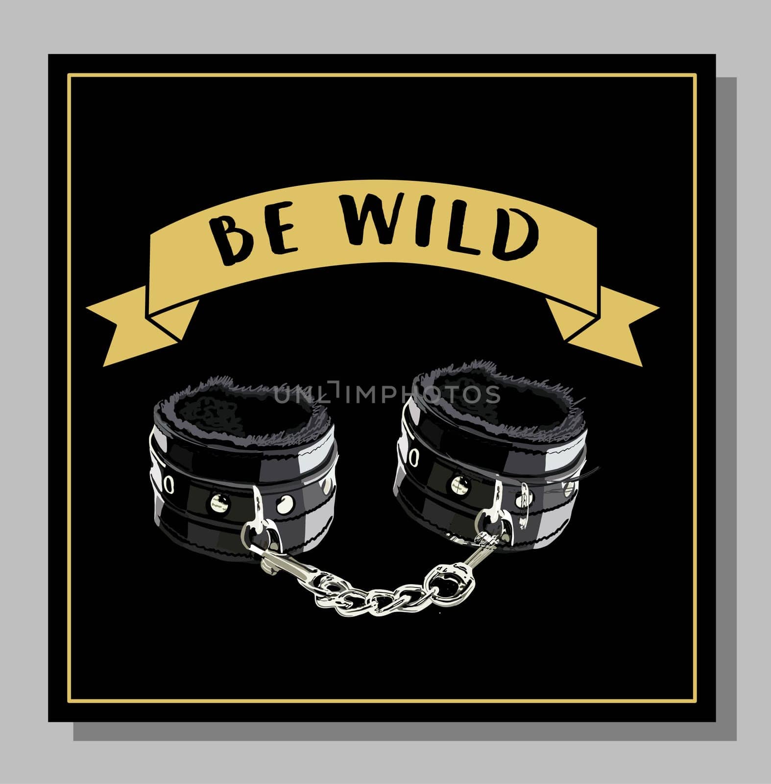 postcard be wild. black leather handcuffs. fetish. sex toy