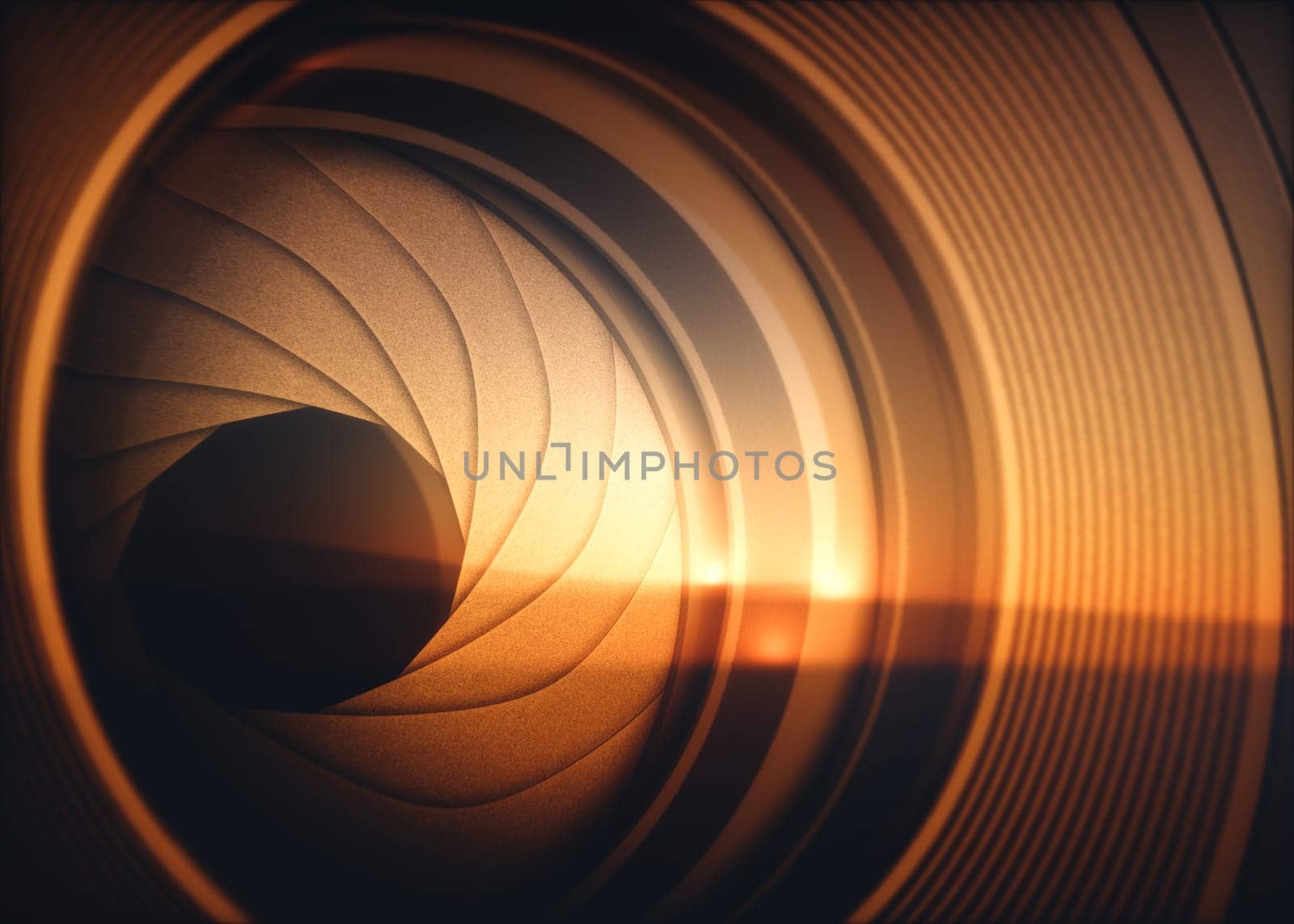 Macro photography from inside an objective lens and its details like the diaphragm blades. Reflection of the sky in the camera lens.