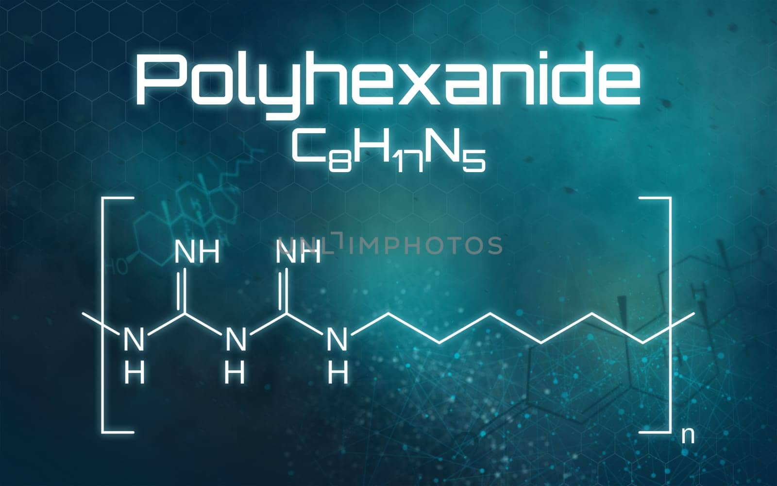 Chemical formula of Polyhexanide on a futuristic background