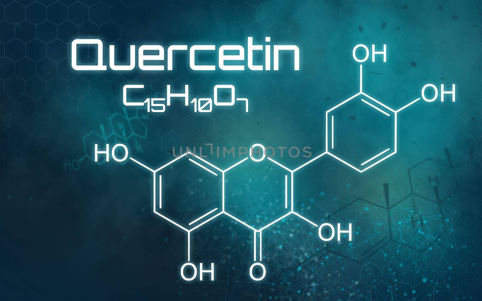 Chemical formula of Quercetin on a futuristic background