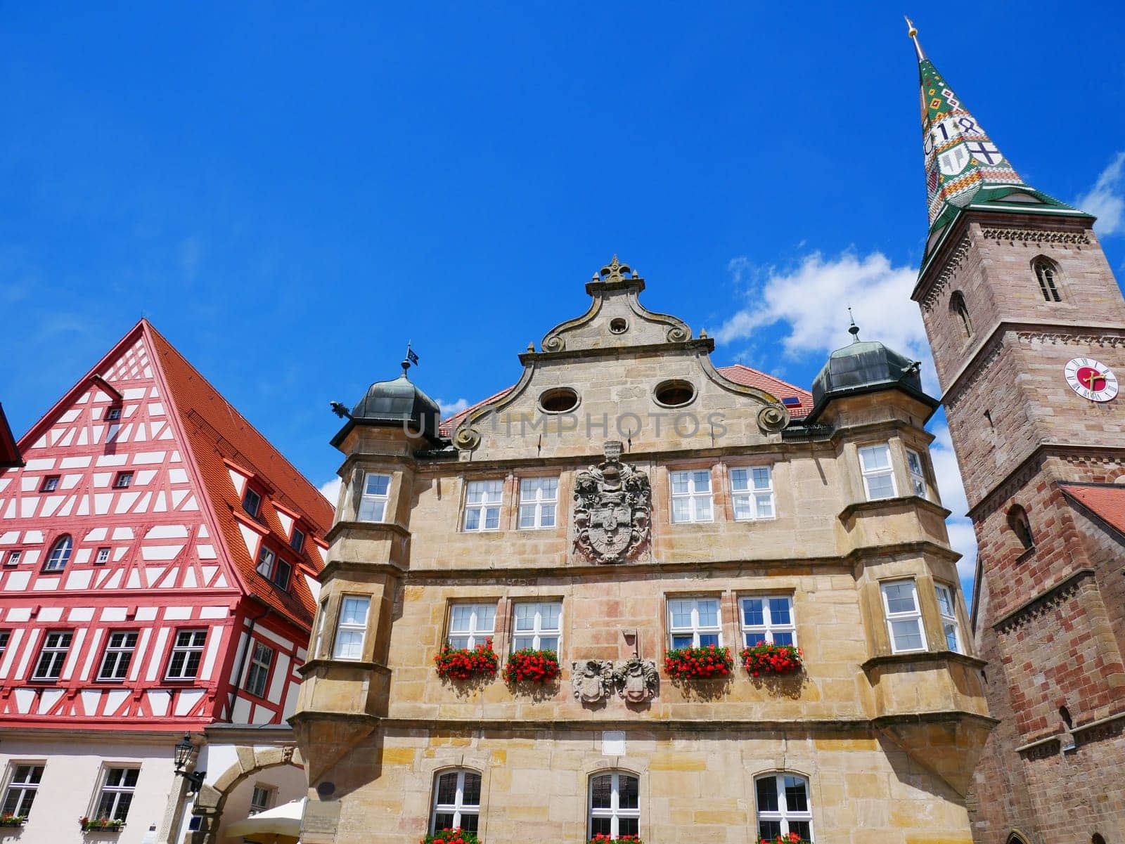 Wolframs-Eschenbach Liebfrauenmünster Church Teutonic Order Castle Town Hall Half-timbered house Franconia Middle Franconia Bavaria Germany Church tower glazed ceramics Bricks Coat of arms coloured Europe Middle Ages 1468