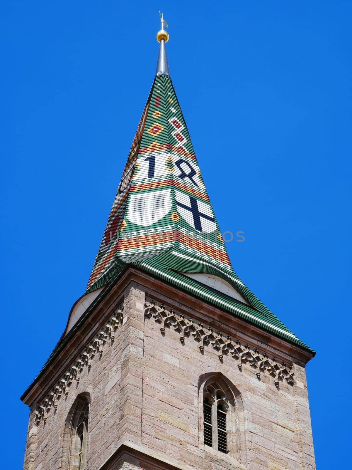 Wolframs-Eschenbach Liebfrauenmünster Church Helmet pointed roof Franconia Middle Franconia Bavaria Germany Church tower glazed ceramics Bricks Coat of arms coloured Europe Gothic 1468