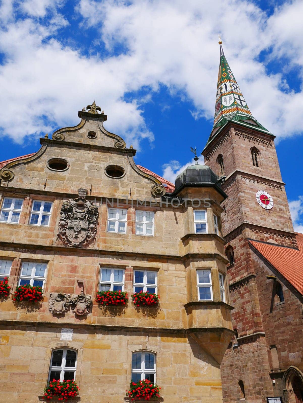 Wolframs-Eschenbach Liebfrauenmünster Church Teutonic Order Castle Town Hall Half-timbered house Franconia Middle Franconia Bavaria Germany Church tower glazed ceramics Bricks Coat of arms coloured Europe Middle Ages 1468