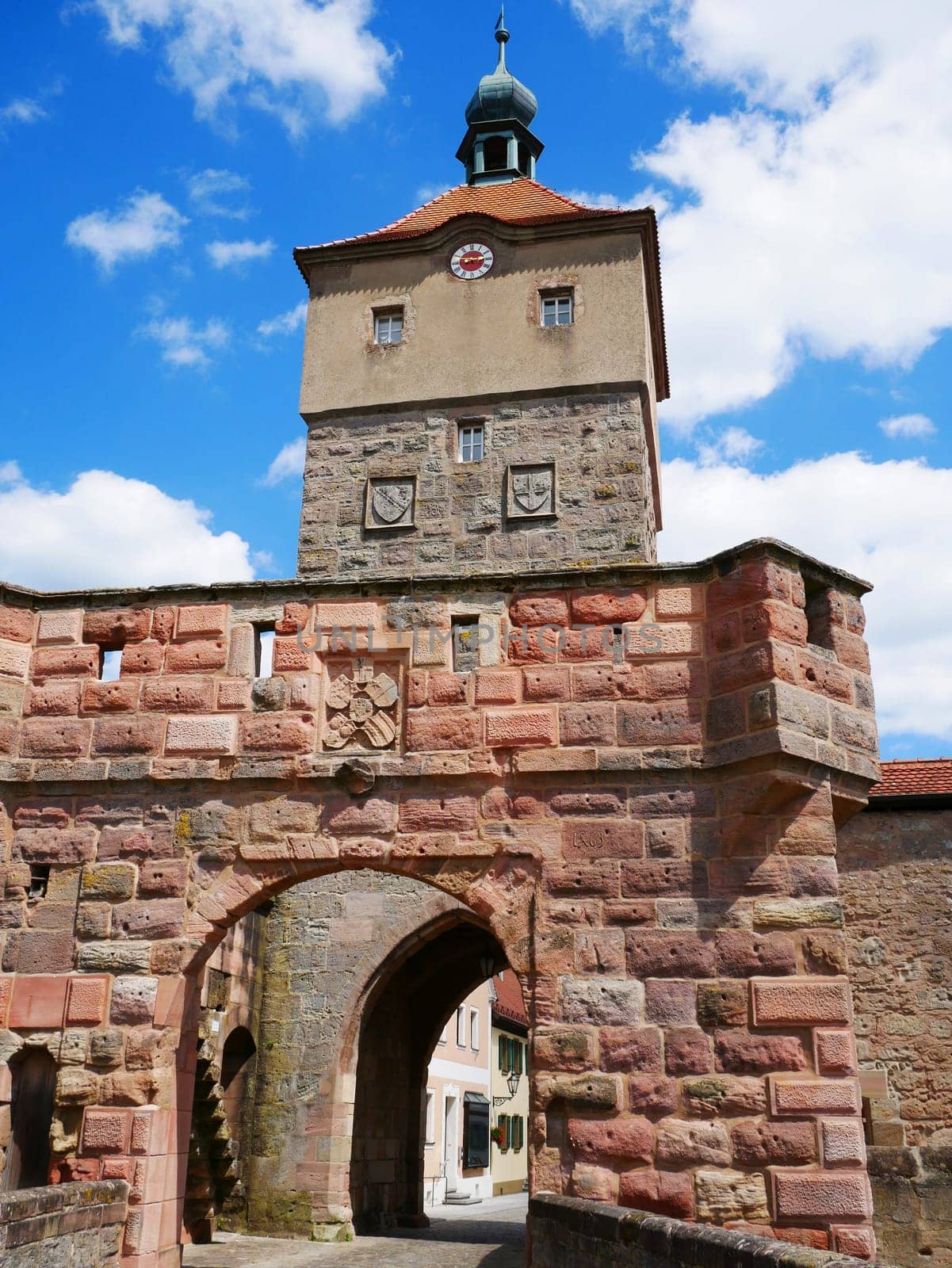 Upper Gate Wolframs-Eschenbach Sandstone Franconia Middle Franconia City Gate Onion Dome Hood Bavaria Germany Church tower Glazed ceramics Bricks Coat of arms Middle Ages