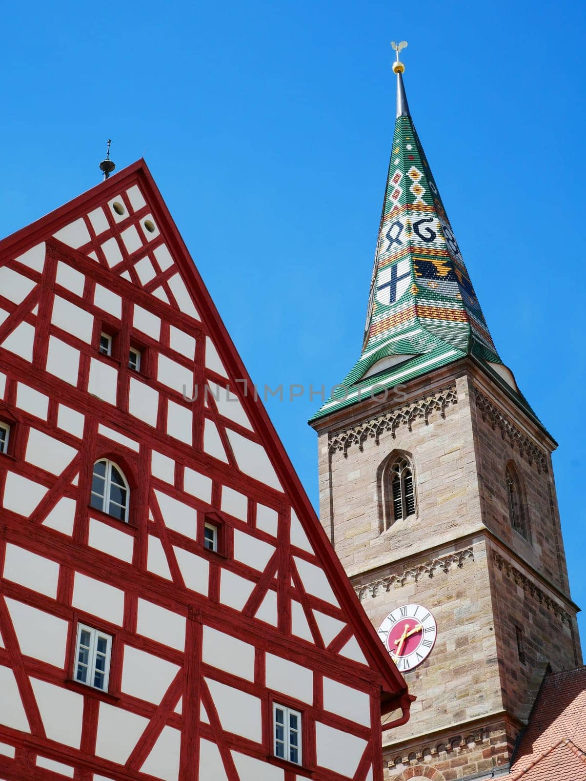 Old Town Hall Wolframs-Eschenbach Liebfrauenmünster Church Half-timbered house Franconia Middle Franconia Bavaria Germany Church tower glazed ceramics Bricks Coat of arms red white coloured Europe Gothic 1468