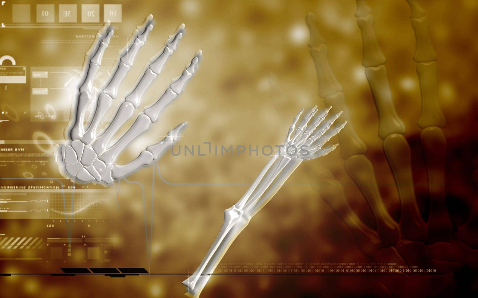 Digital illustration of hand bone in colour background