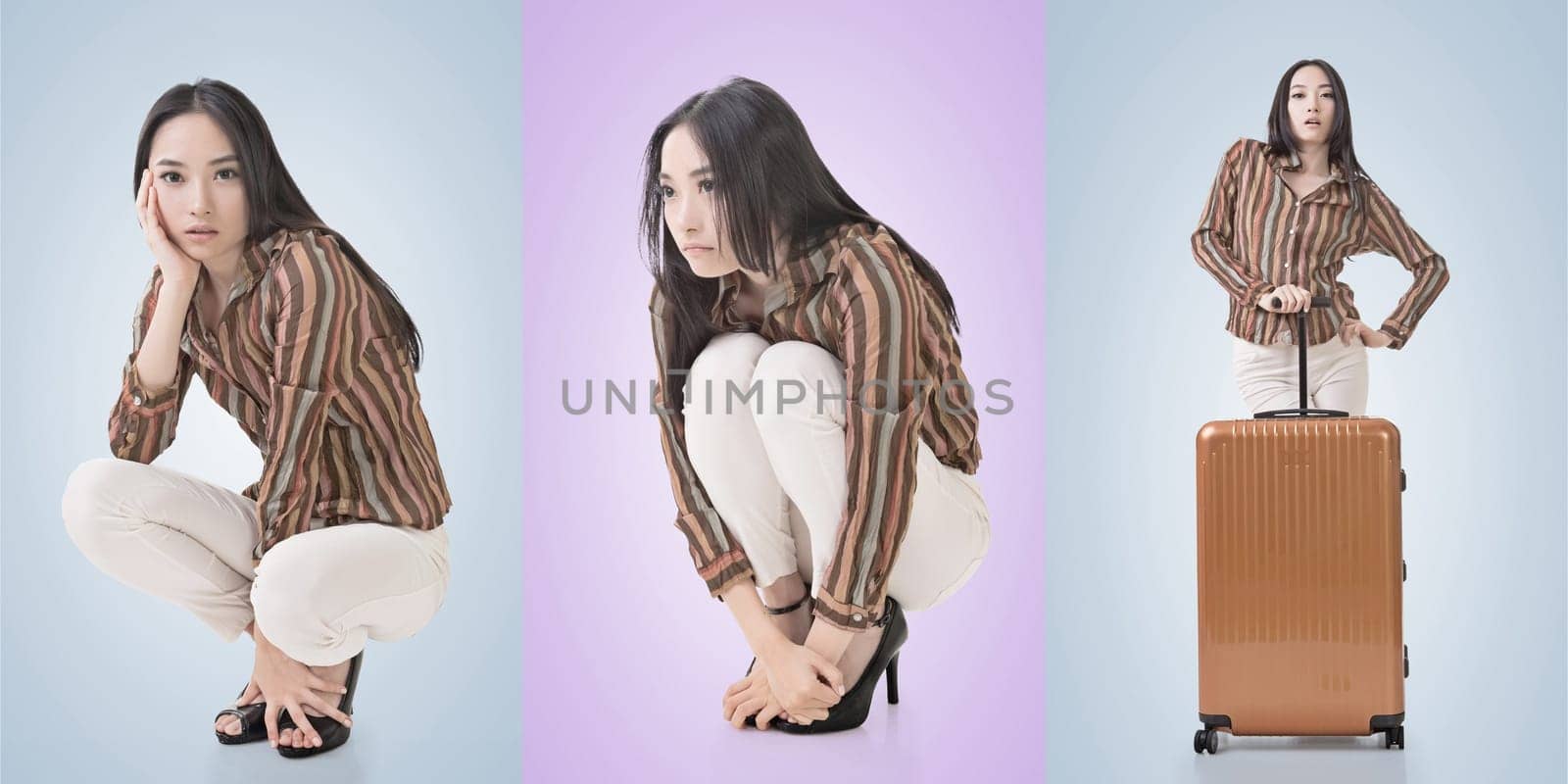 Travel concept with Asian beauty with a luggage in a set.