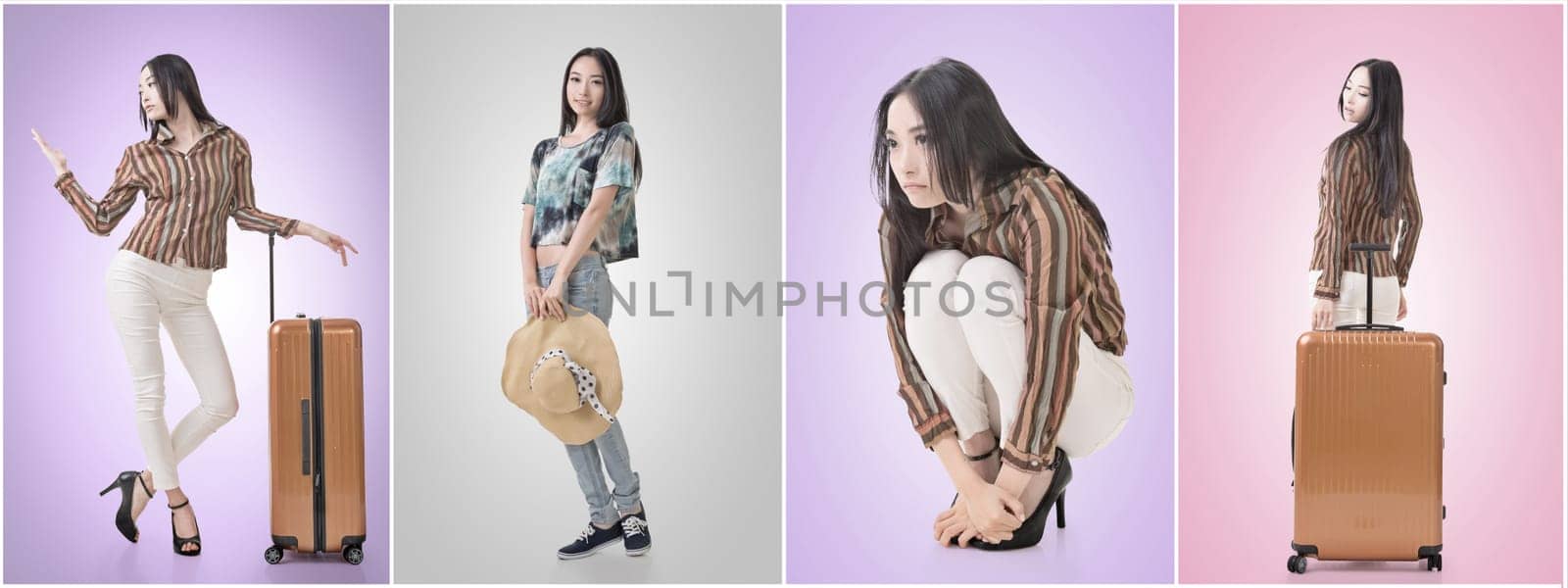 Travel concept with Asian beauty with a luggage in a set.