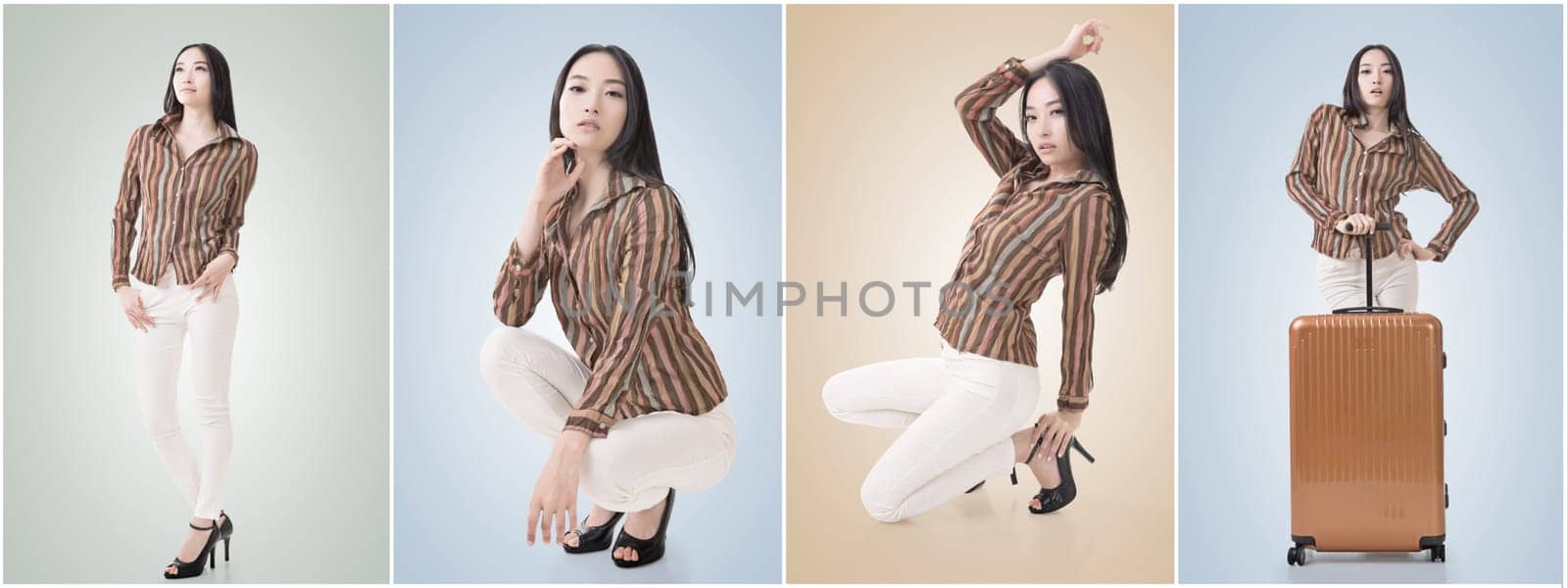 Squat pose by sexy Asian beauty.