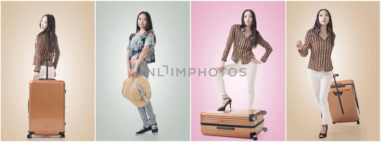 Travel concept with Asian beauty with a luggage in a set.