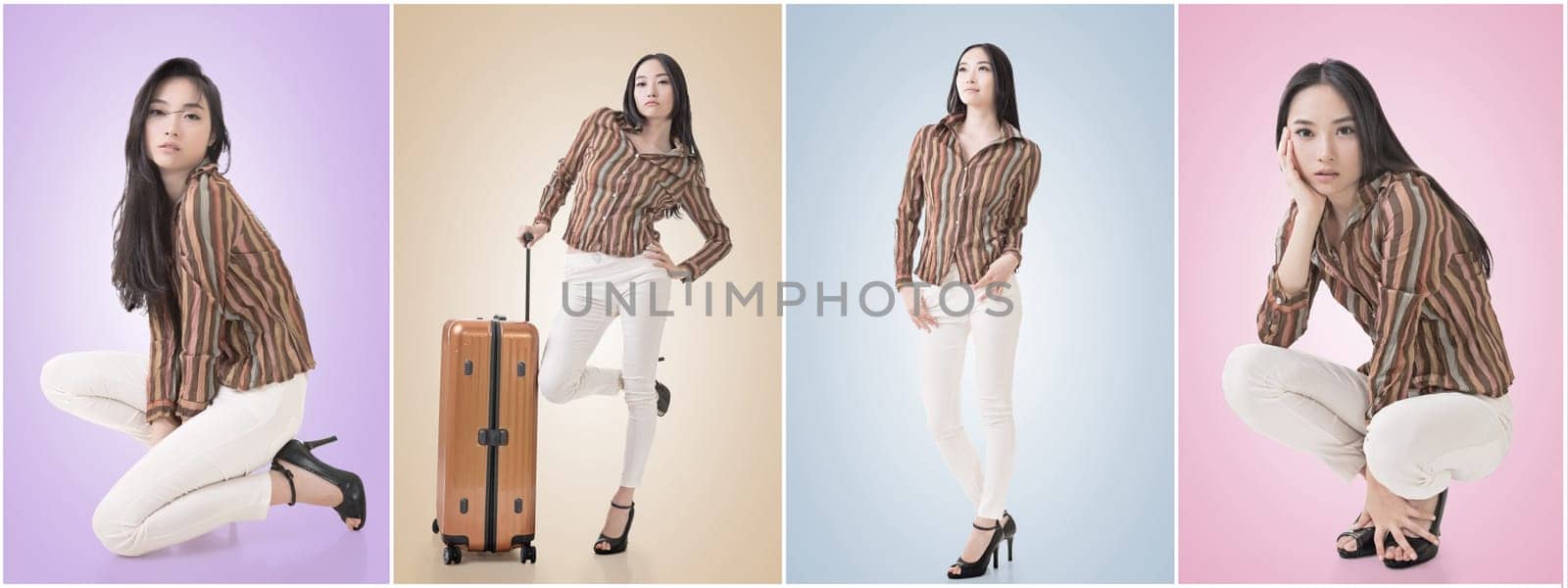 Modern Asian woman stand with a luggage in vintage style.