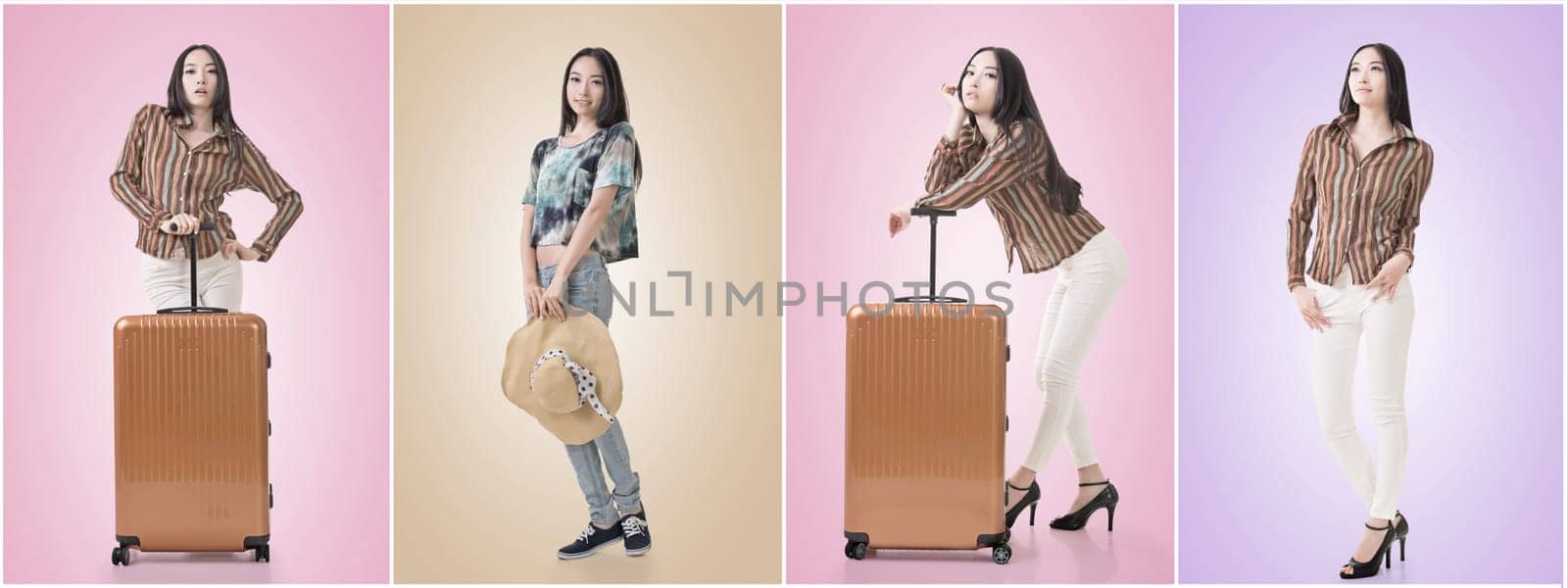 Asian beauty with hat, full length portrait isolated with clipping path.