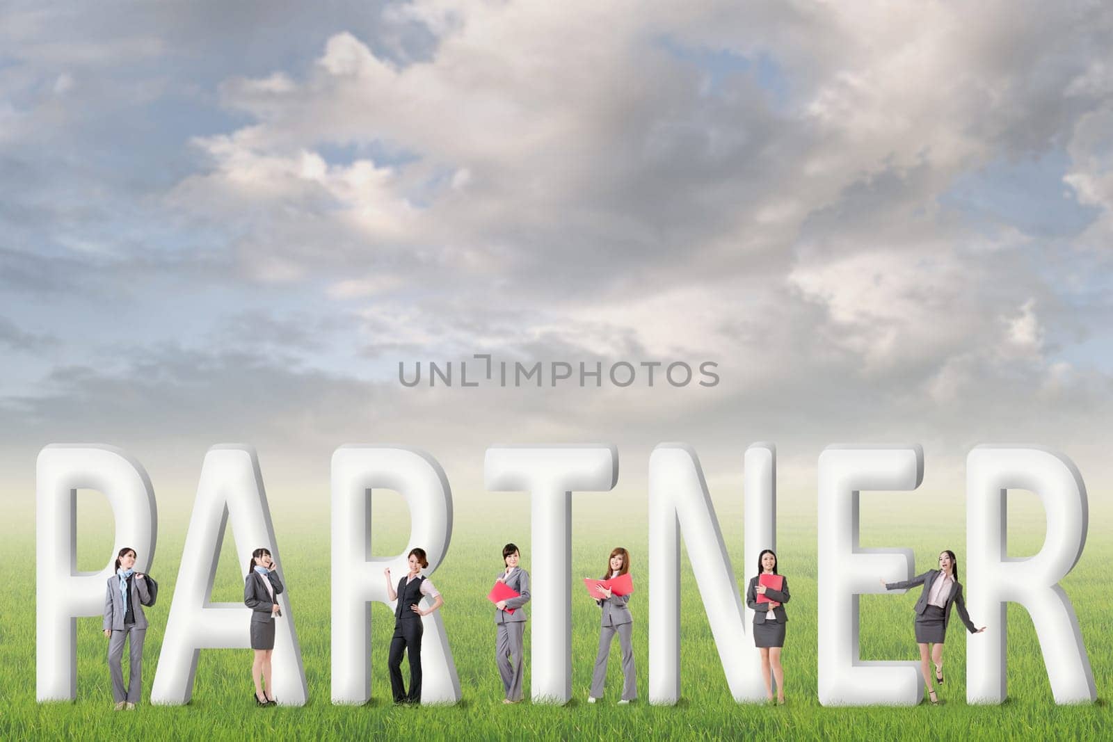 Concept of partner, friends,collaborate with group of business people stand with 3d text.