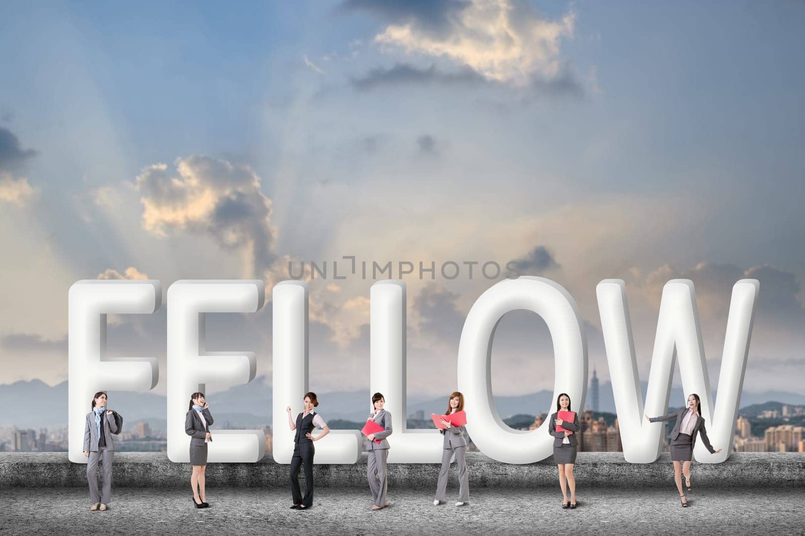 Concept of partner, friends,collaborate with group of business people stand with 3d text.