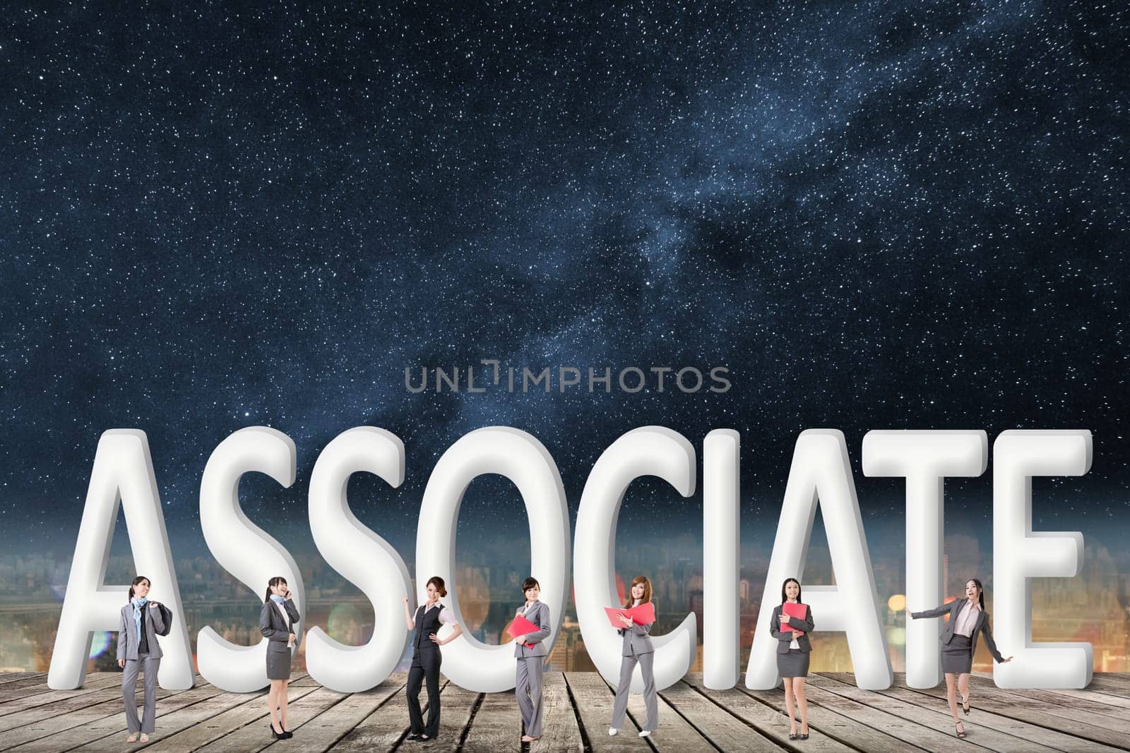 Concept of partner, friends,collaborate with group of business people stand with 3d text.