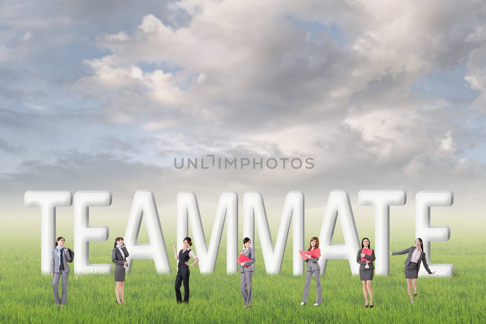 Concept of partner, friends,collaborate with group of business people stand with 3d text.