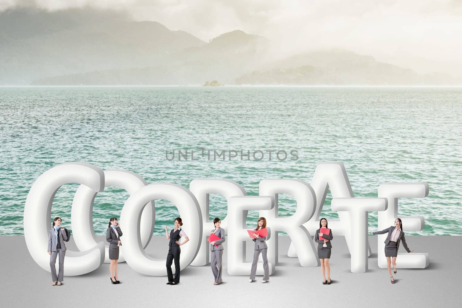 Concept of partner, friends,collaborate with group of business people stand with 3d text.