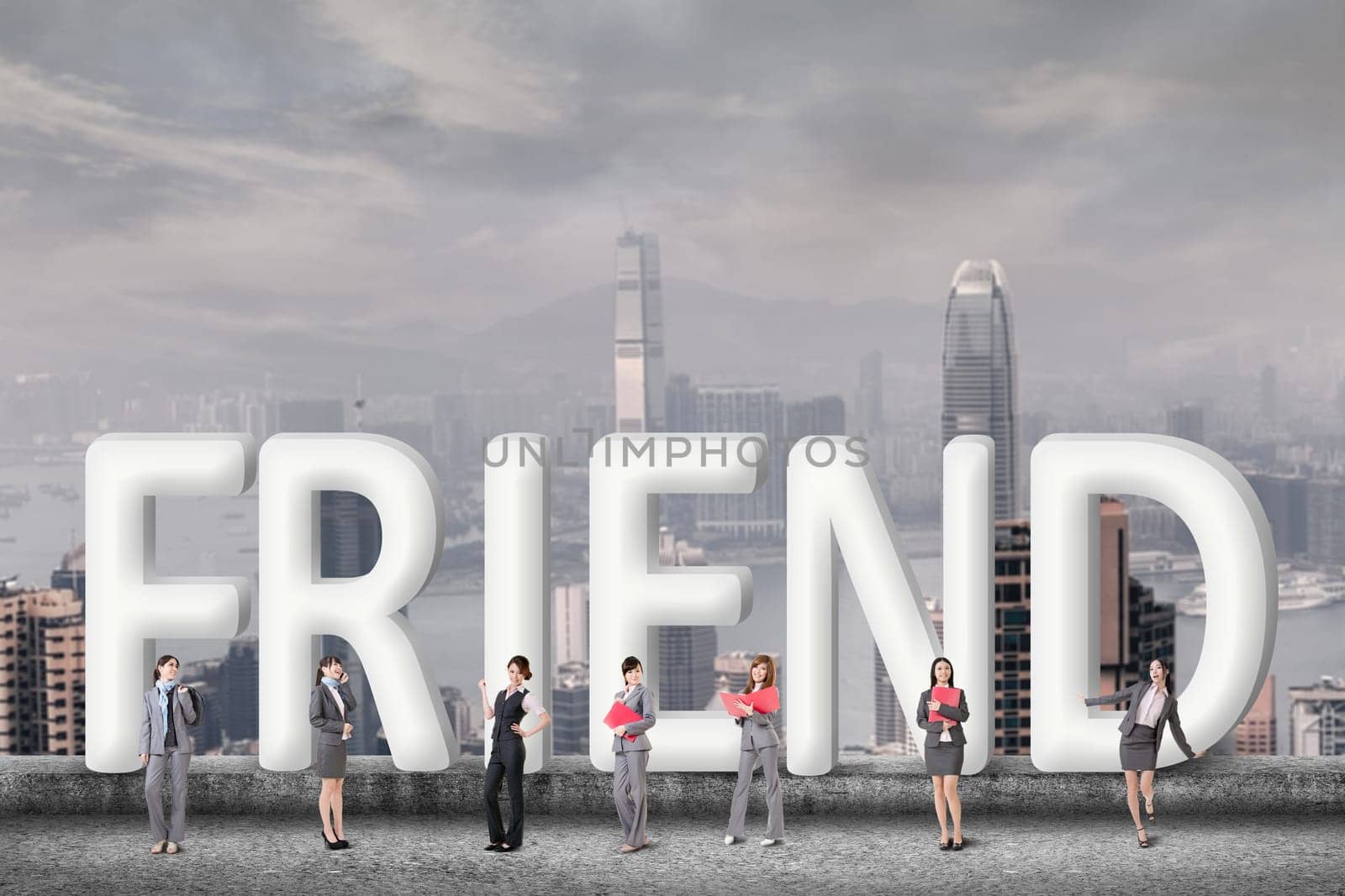 Concept of partner, friends,collaborate with group of business people stand with 3d text.