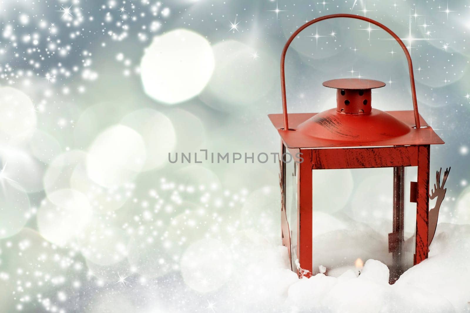 Christmas background with red lantern and snowflakes