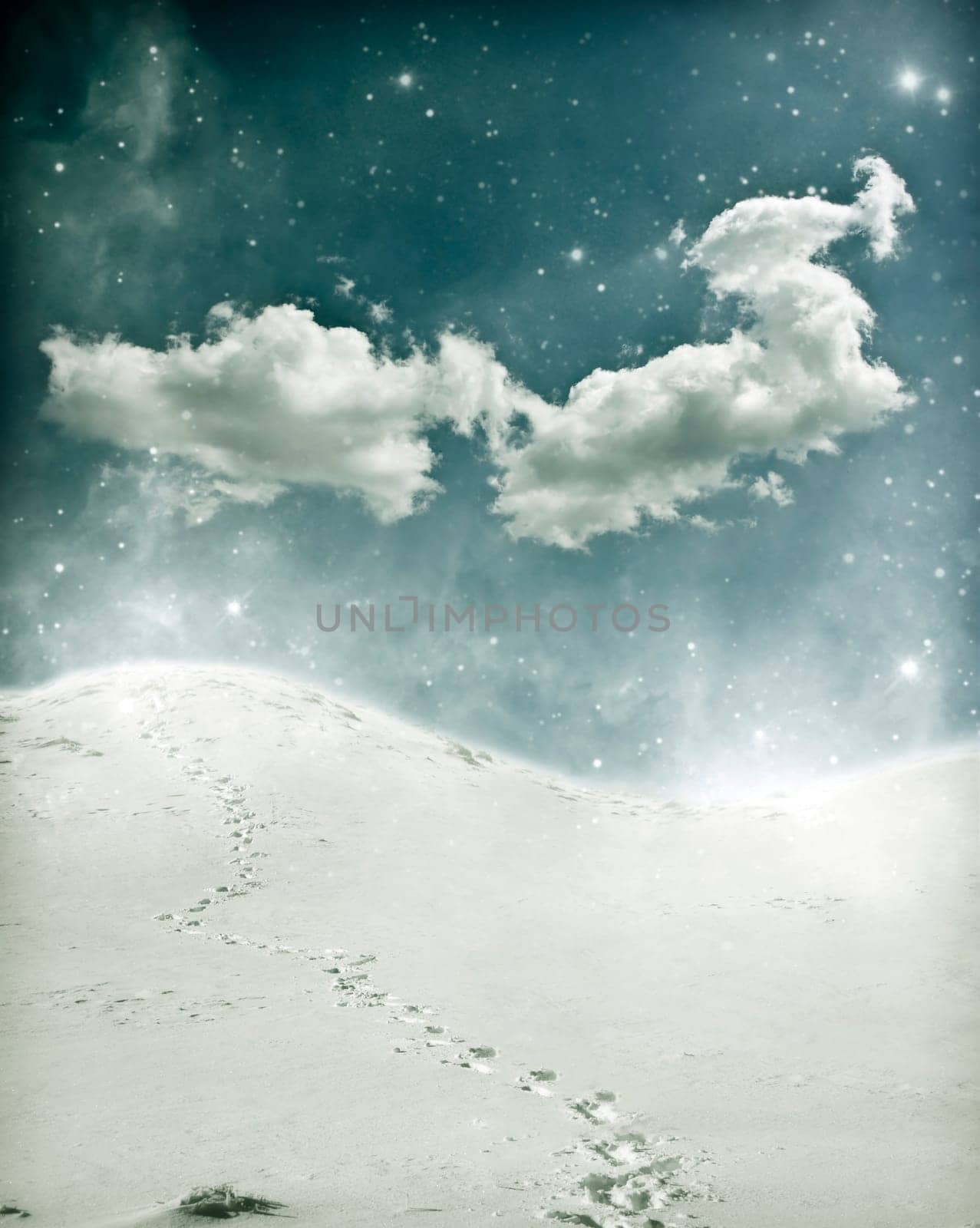 Christmas background with snowy path on the hillside