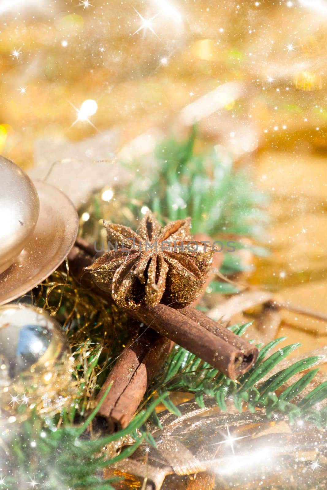Close up on Christmas tree decoration and holiday lights