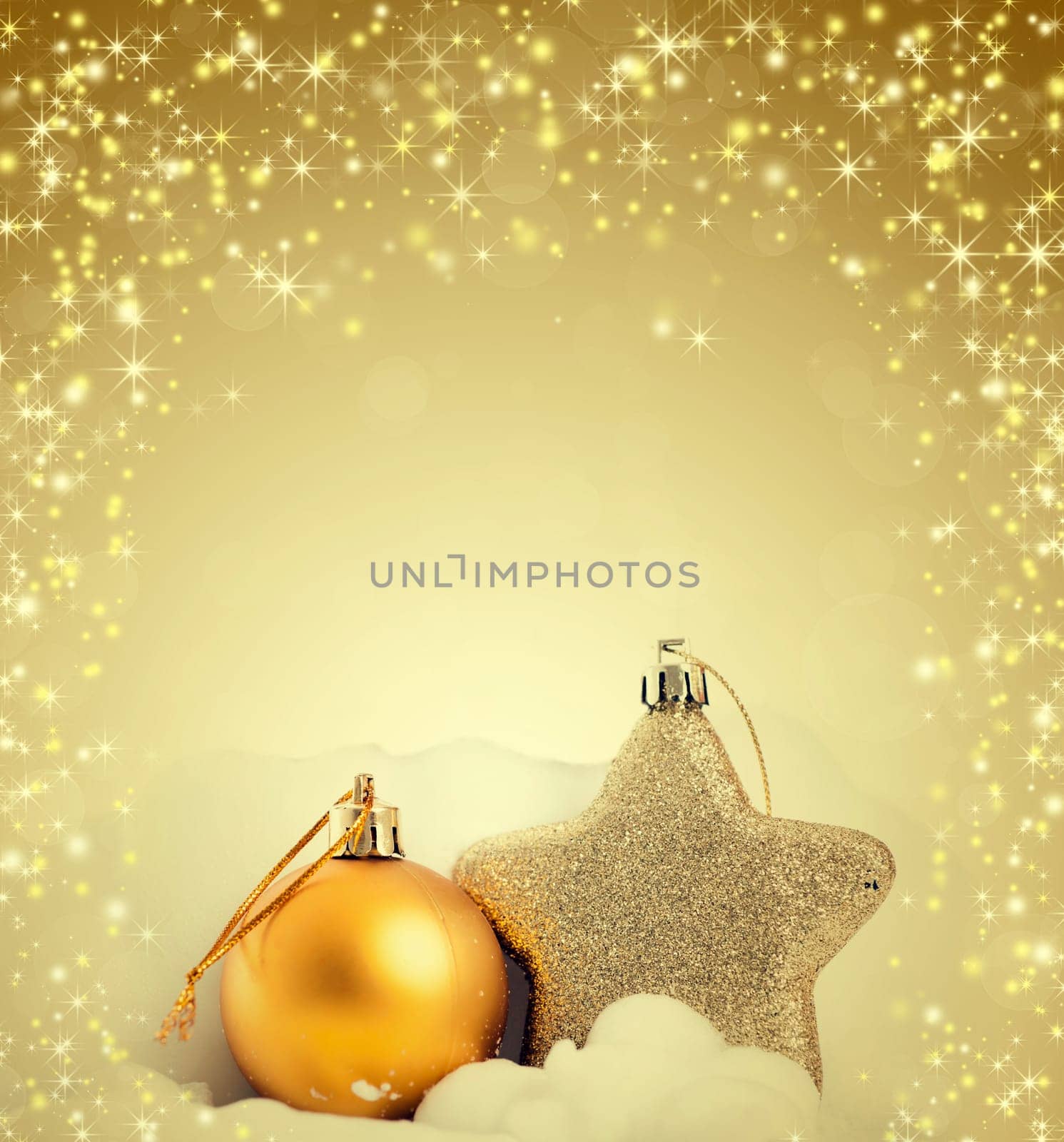 Close up on golden Christmas tree decorations and holiday lights