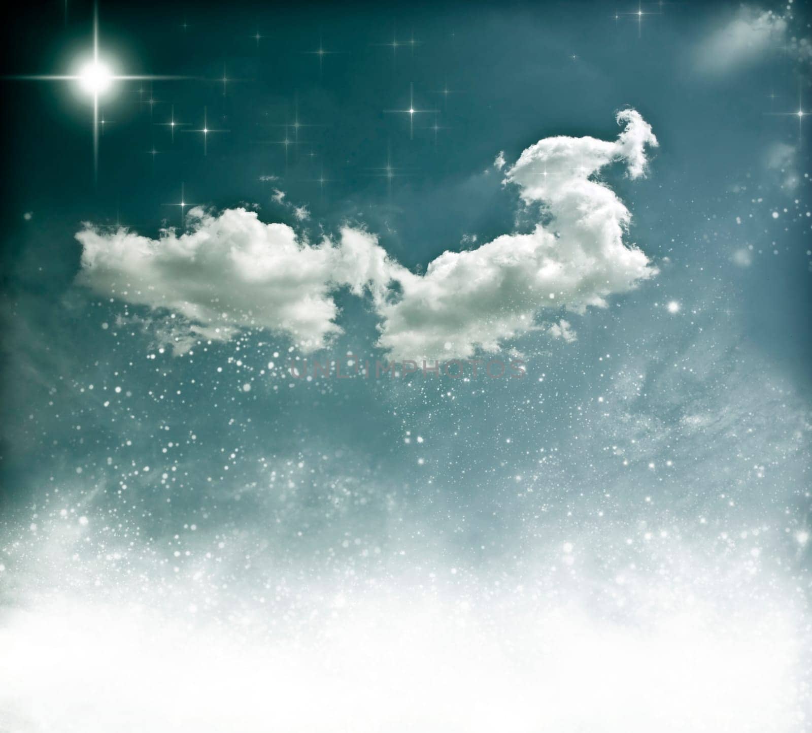 Beautiful winter sky with fluffy cloud, stars and snowflakes