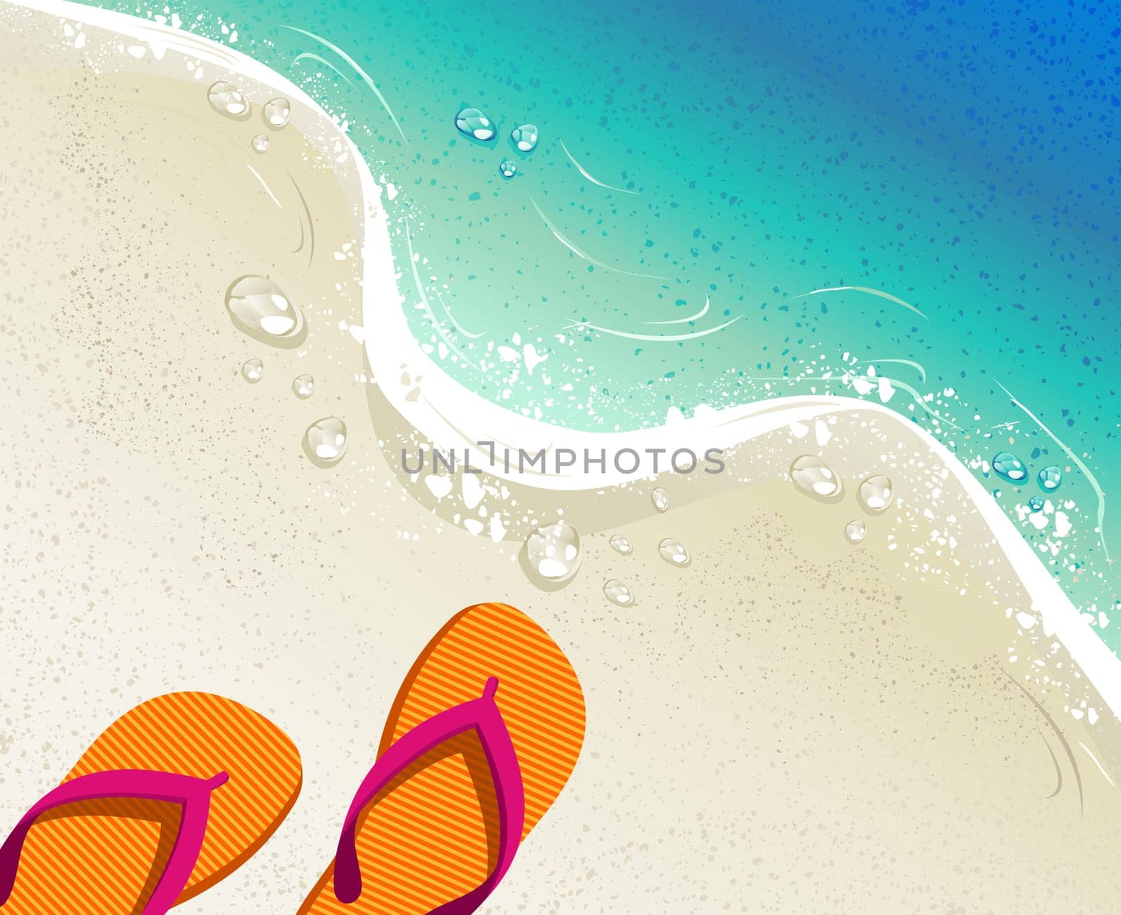 Beach and tropical sea with colorful flip flops, sand as background for summer time design. EPS10 vector file organized in layers for easy editing.