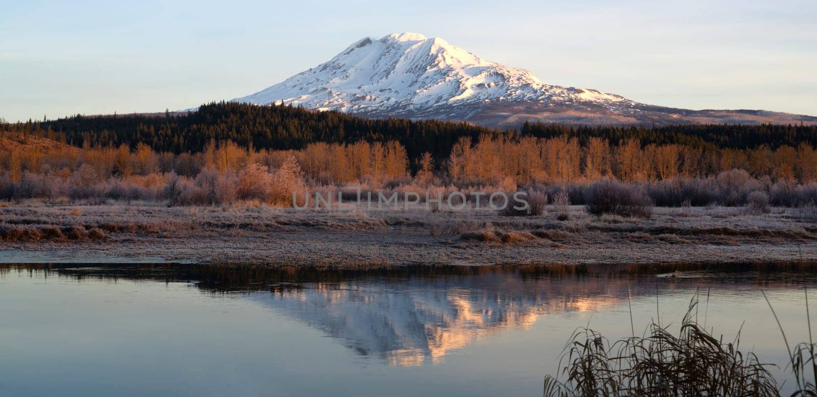 An amazing still lake scene in front of Mount Adams Washington