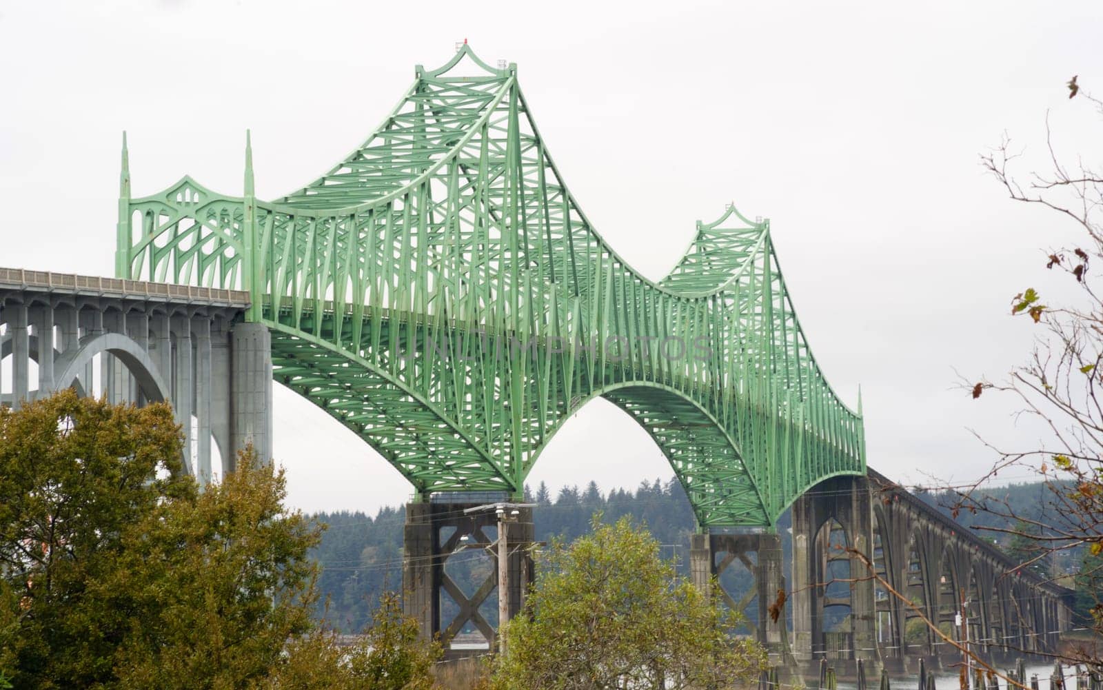 This scenic bridge spans the bay at the mouth of the Yaquina River