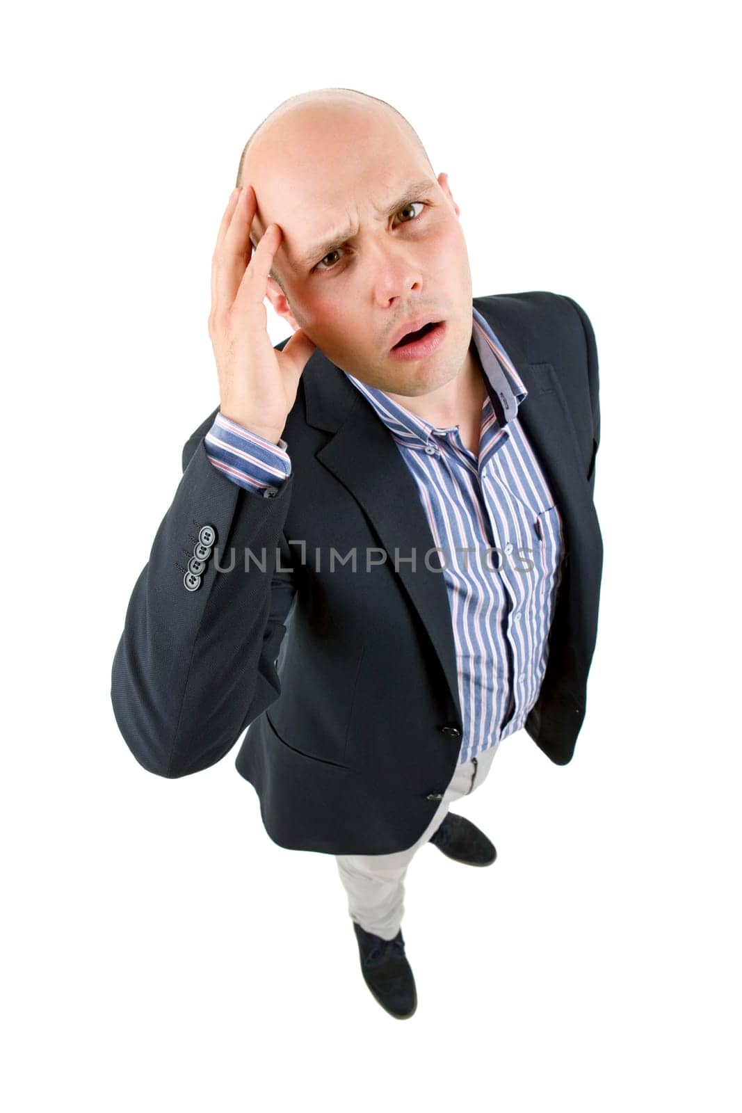 casual man full body with a headache, isolated