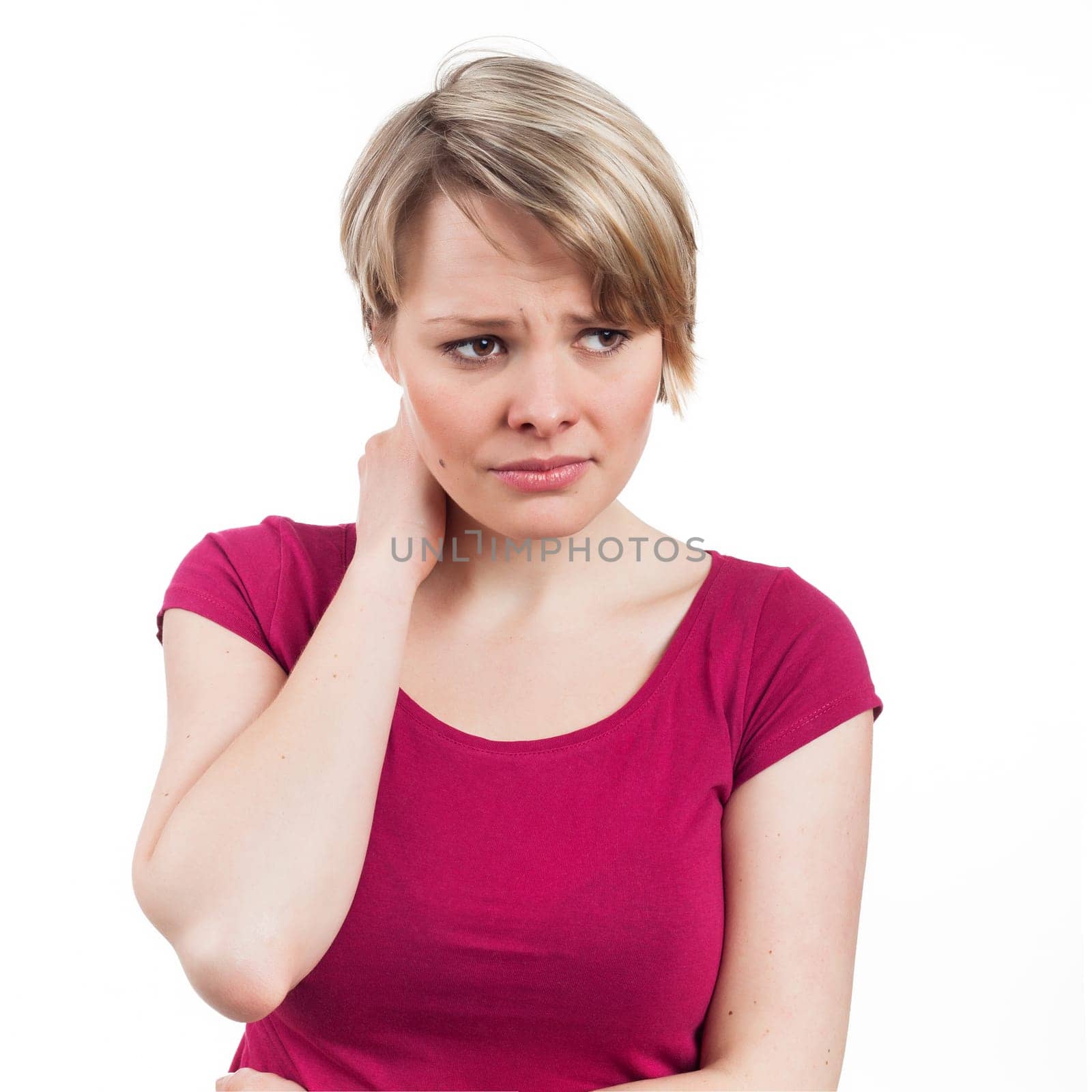 Portrait of a woman looking worried or in pain, isolated on white