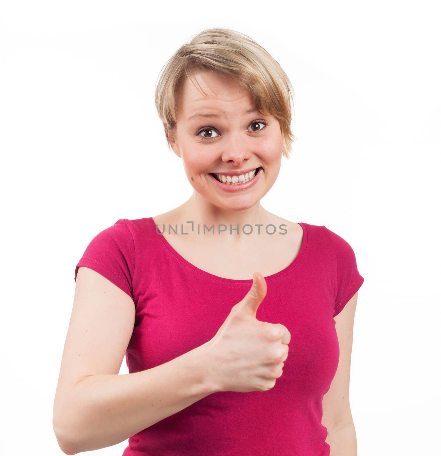 Young woman showing her thumb up, isolated on white