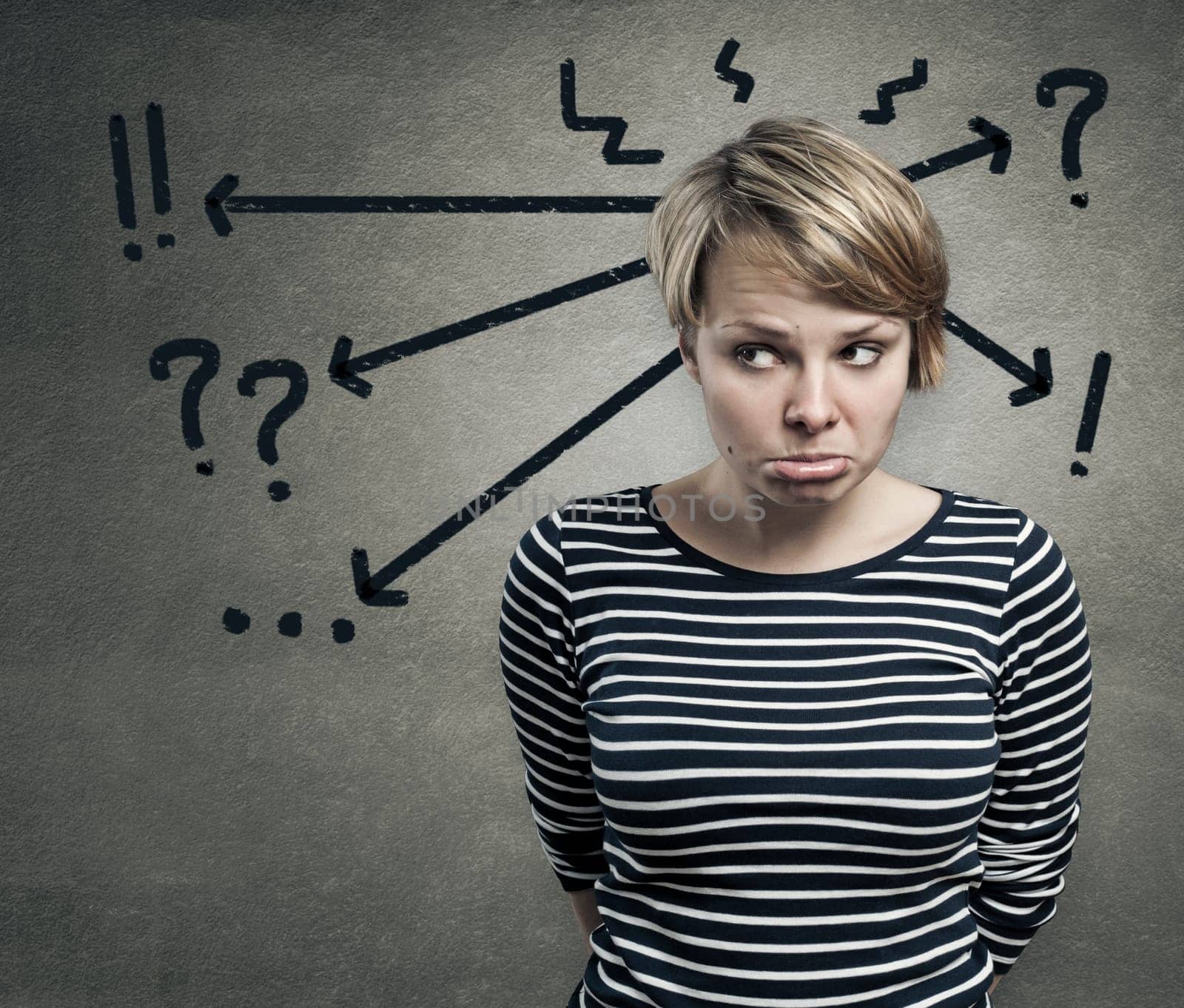 Illustration of a young woman in doubt, confusion concept