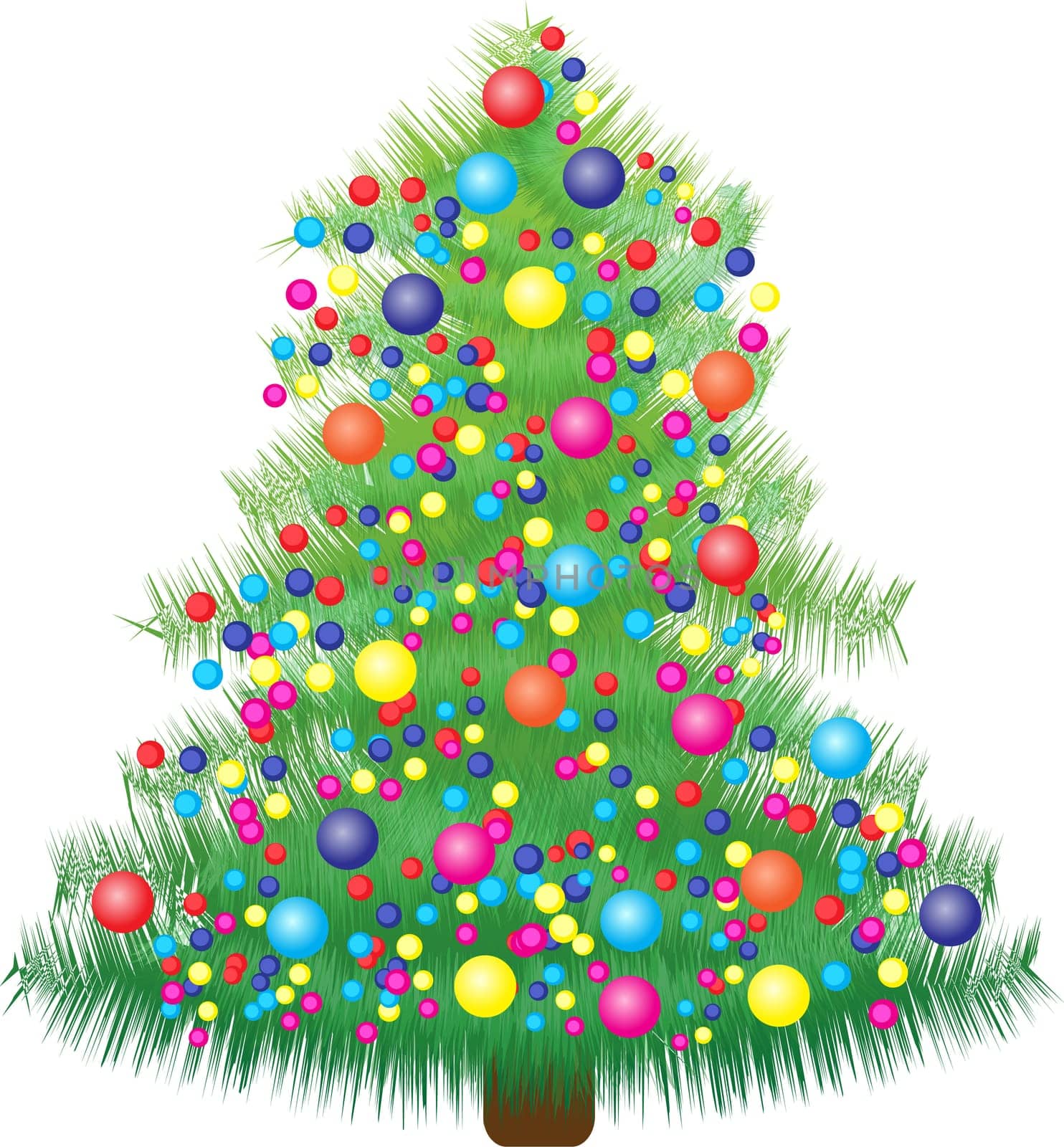 A New Year fir tree decorated with colorfull balls and lights vector illustration on a white background. The use in postcards or invitation cards
