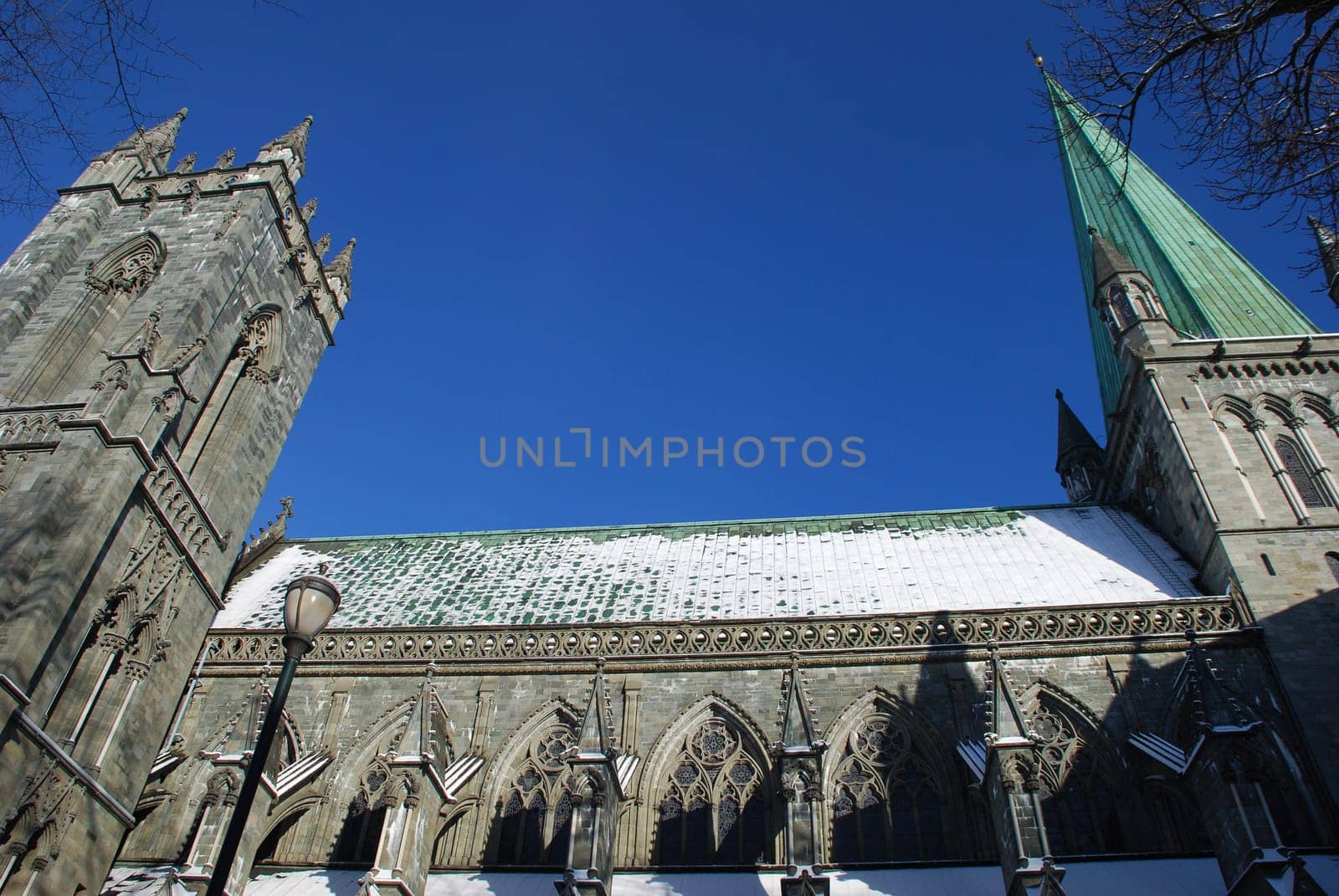 Side view of the Norwegian Nidaros Cathedral,which is considered a national shrine.