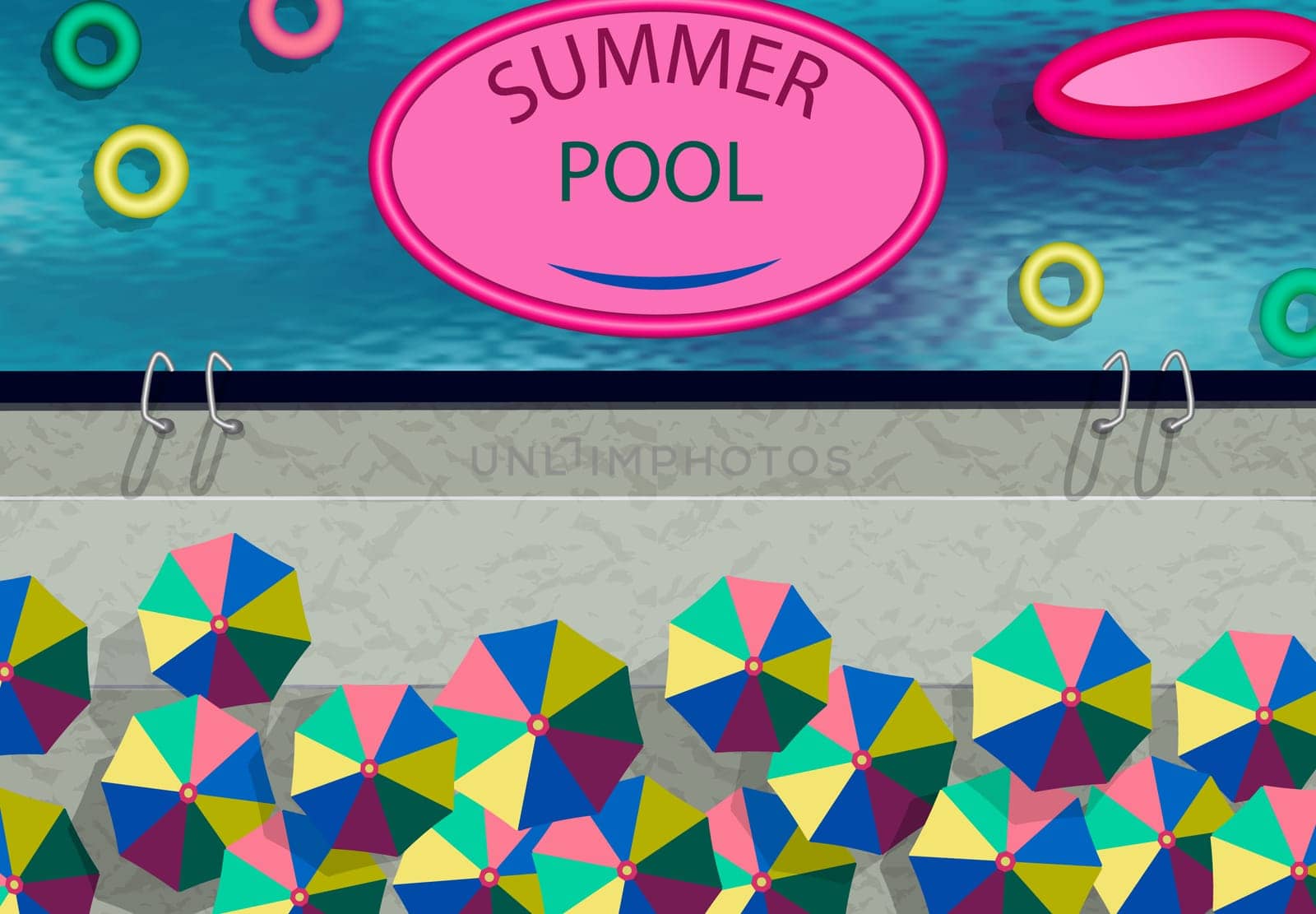 Stylized as a photo from the drone. Summer Pool, umbrellas, swimming circles. Vector illustration