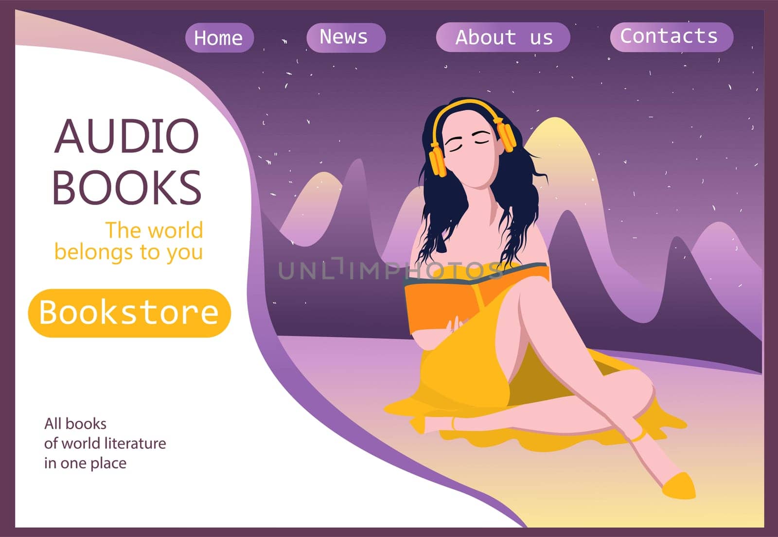 Template for the site. Electronic or audio books. . Audio media and books landing page page template. Vector illustration people with books and headphones, people listening to audio books