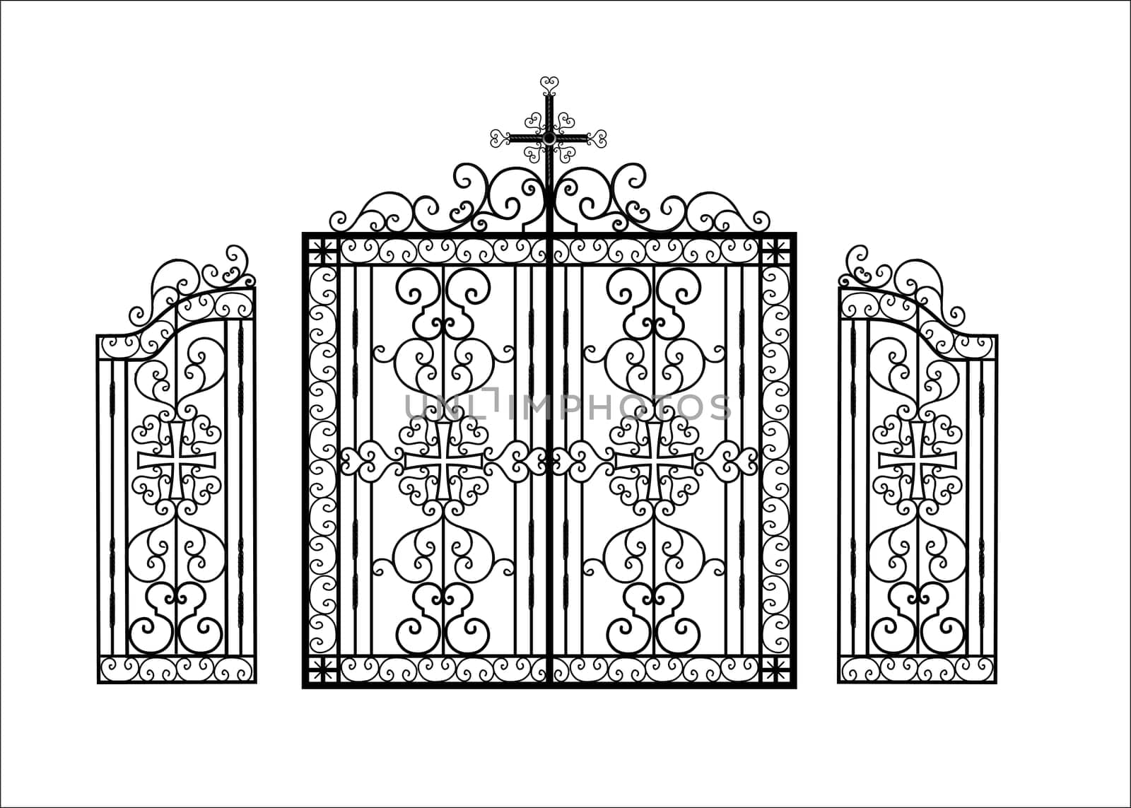 Wrought iron gates for a temple or church. Christian religion pattern. The fence is made of metal. Art hot forging. Vector illustration.