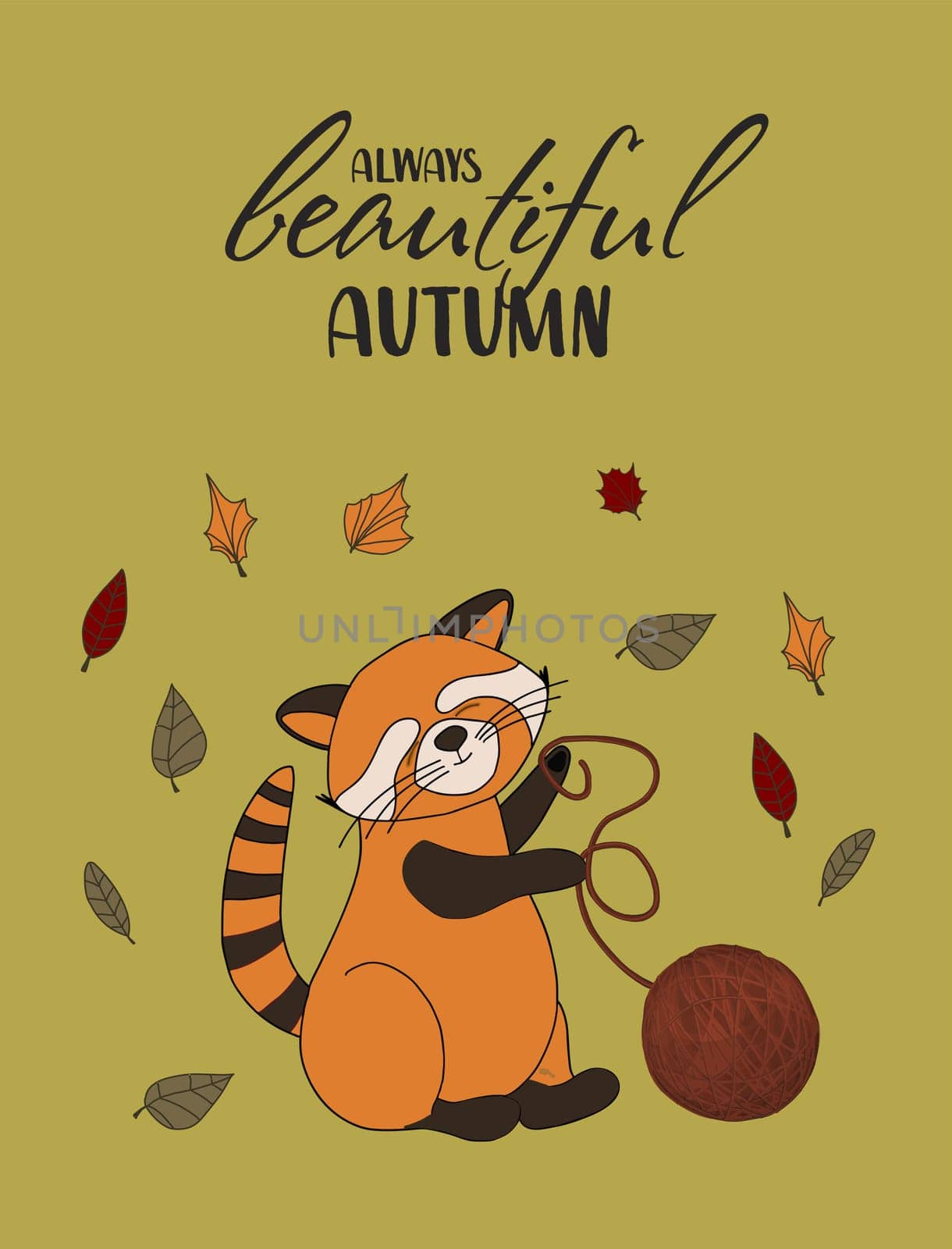 red panda, falling leaves, cozy food, nuts, mushrooms and pumpkin. Scrapbook collection of autumn season elements. Bright set for harvesting. Autumn postcard.