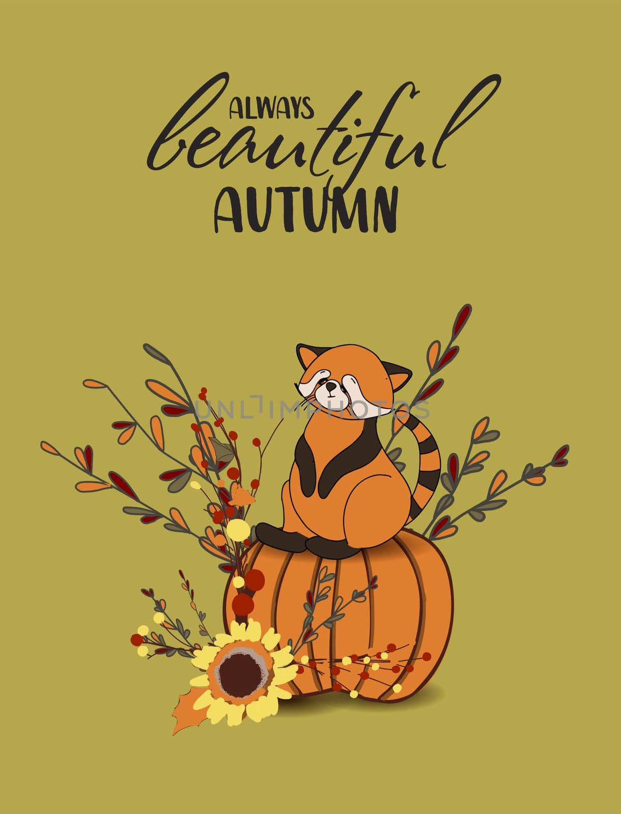red panda, falling leaves, cozy food, nuts, mushrooms and pumpkin. Scrapbook collection of autumn season elements. Bright set for harvesting. Autumn postcard.