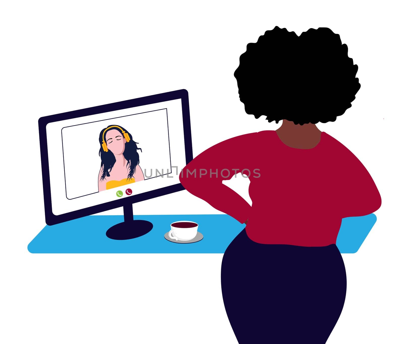 Vector illustration on the theme of remote work and home office. AFRO-AMERICAN WOMAN HOLDING VIDEO CONFERENCE. VIDEO COMMUNICATION. Work from home. Freelance.