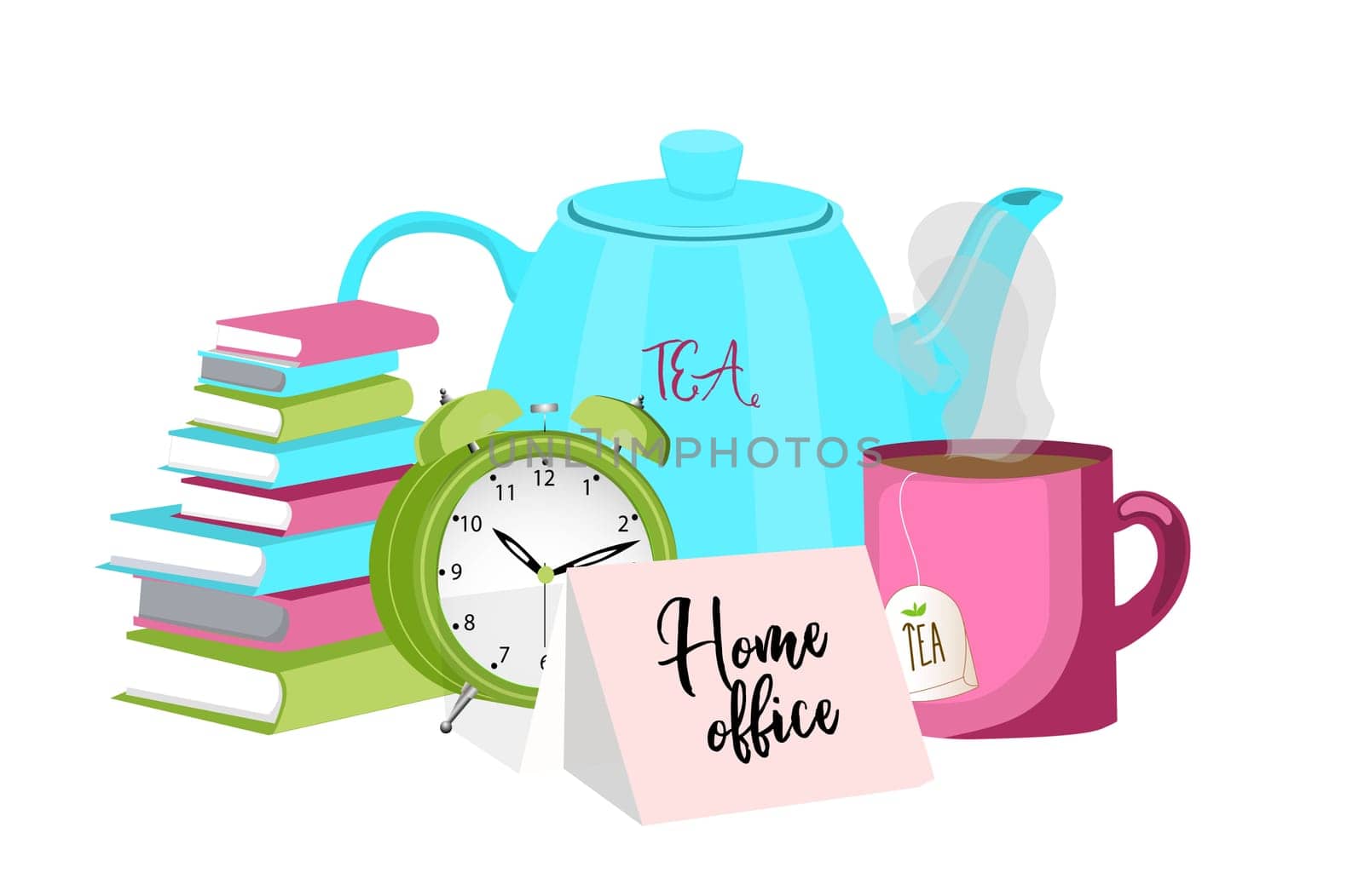 Home Office. remote work. Work from home. The concept of self-isolation and quarantine. Vector illustration on a white background. Cup of tea, alarm clock, clock, books.