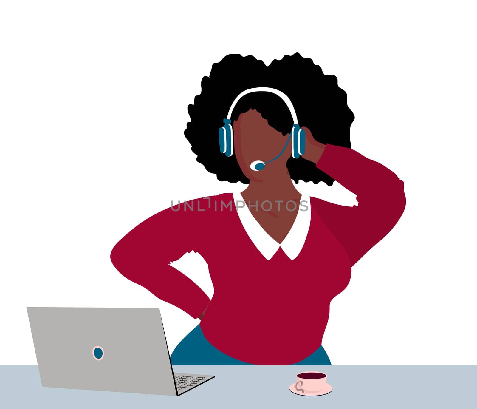 Black woman in headphones isolated on a white background. The concept of remote work. Freelance. Audio books and online conferencing.