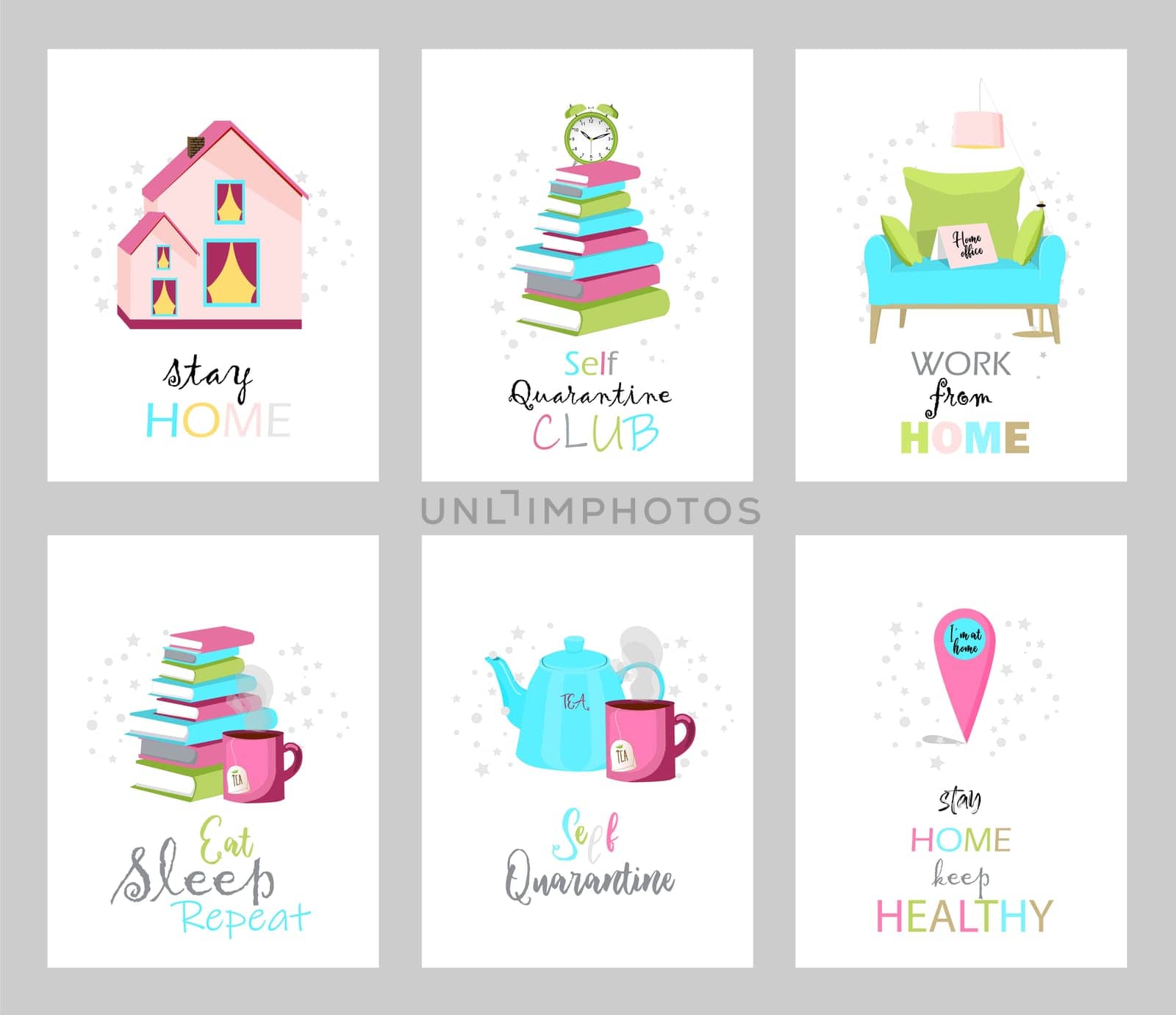 a collection of quarantine and self-isolation postcards. Vector cute greeting cards. Work from home, home office. Stay at home.