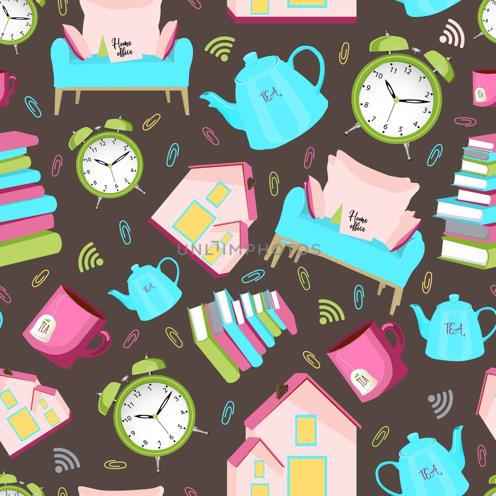 Seamless vector pattern. Home items. cozy house, home improvement. Kettle and cup, alarm clock and books. Stay home.