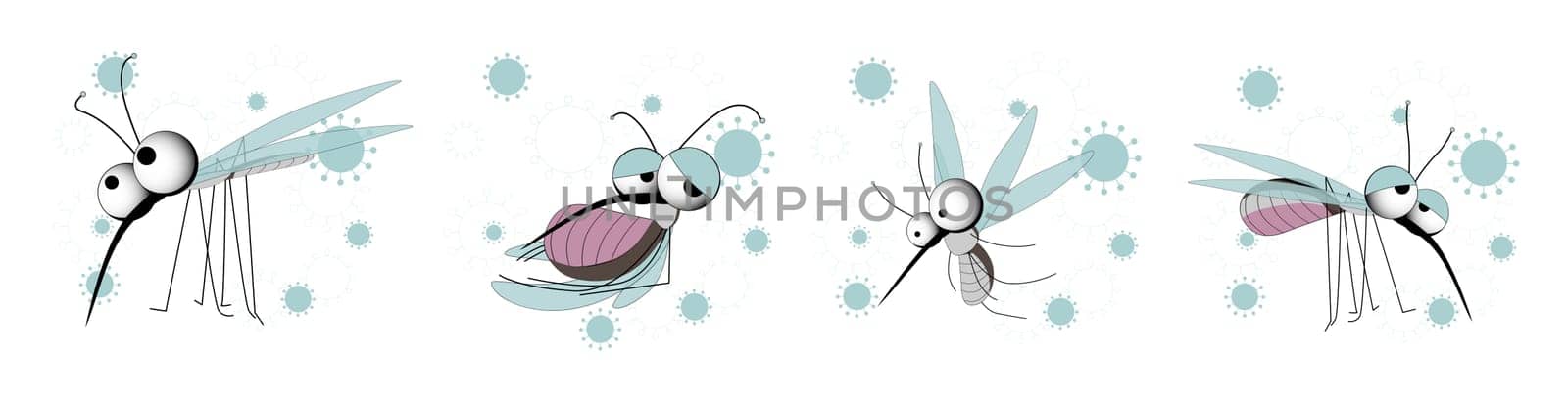 Mosquitoes CHARACTER. Insect parasites. Vector illustration isolated on white background. Summer time.