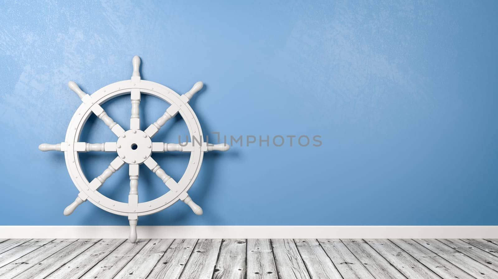 White Boat Rudder Wheel on Wooden Floor Against Blue Wall with Copy Space 3D Illustration