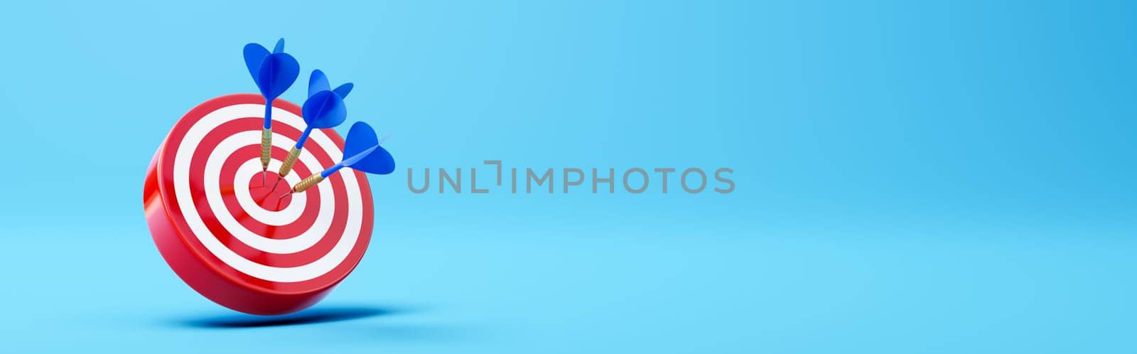 Three Blue Darts Hitting a Red Target on the Center on Blue Background with Copy Space 3D Illustration