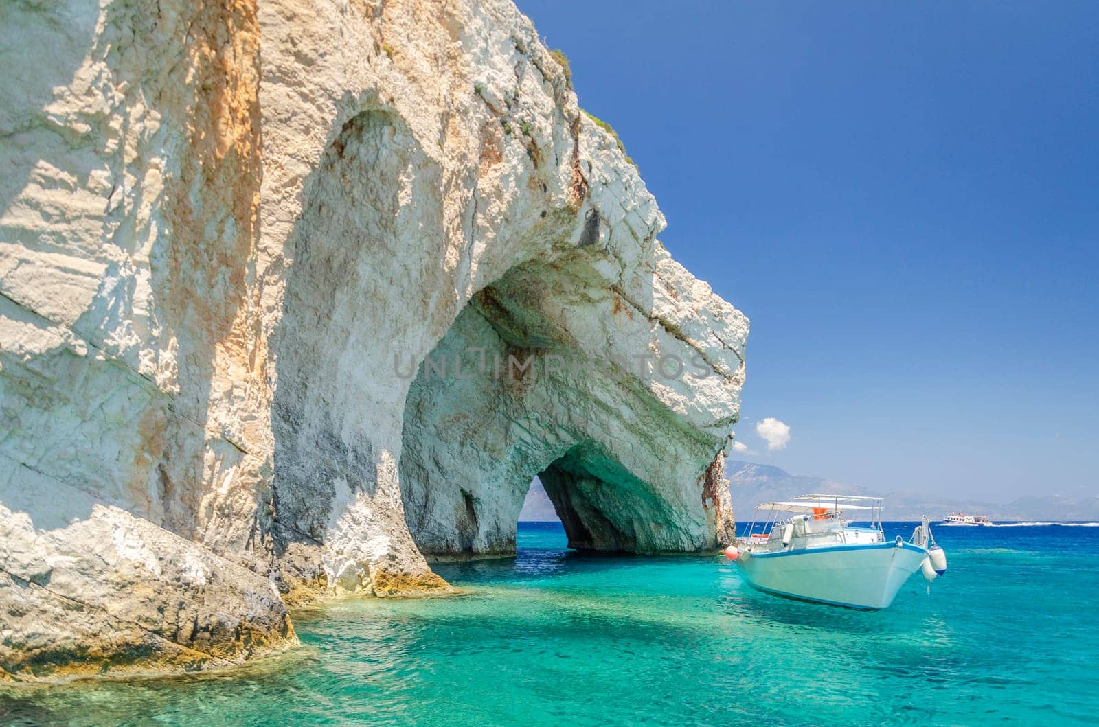 Gorgeous azure waters of blue caves on north east coast of Zakynthos island, Greece